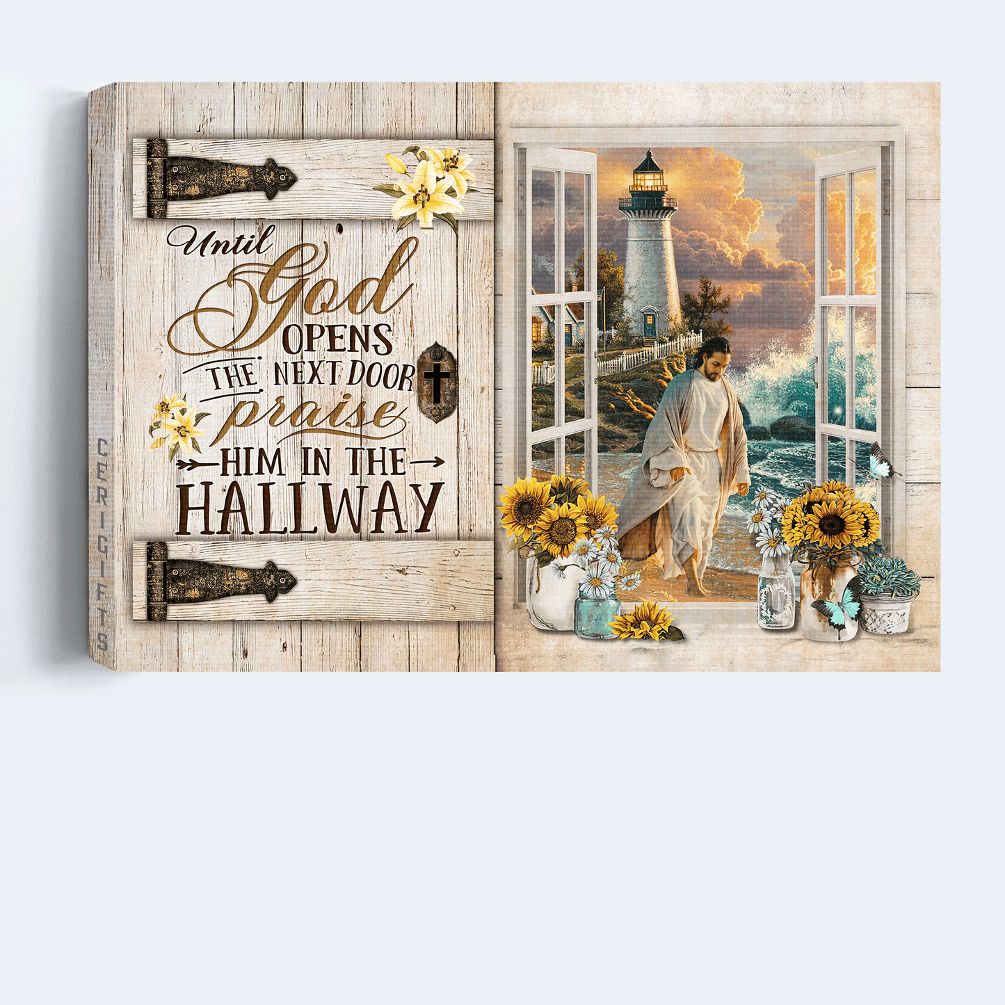 Jesus Landscape Canvas - Jesus walking on water, Sunflower Landscape Canvas - Gift For Religious Christian - Until God opens the door