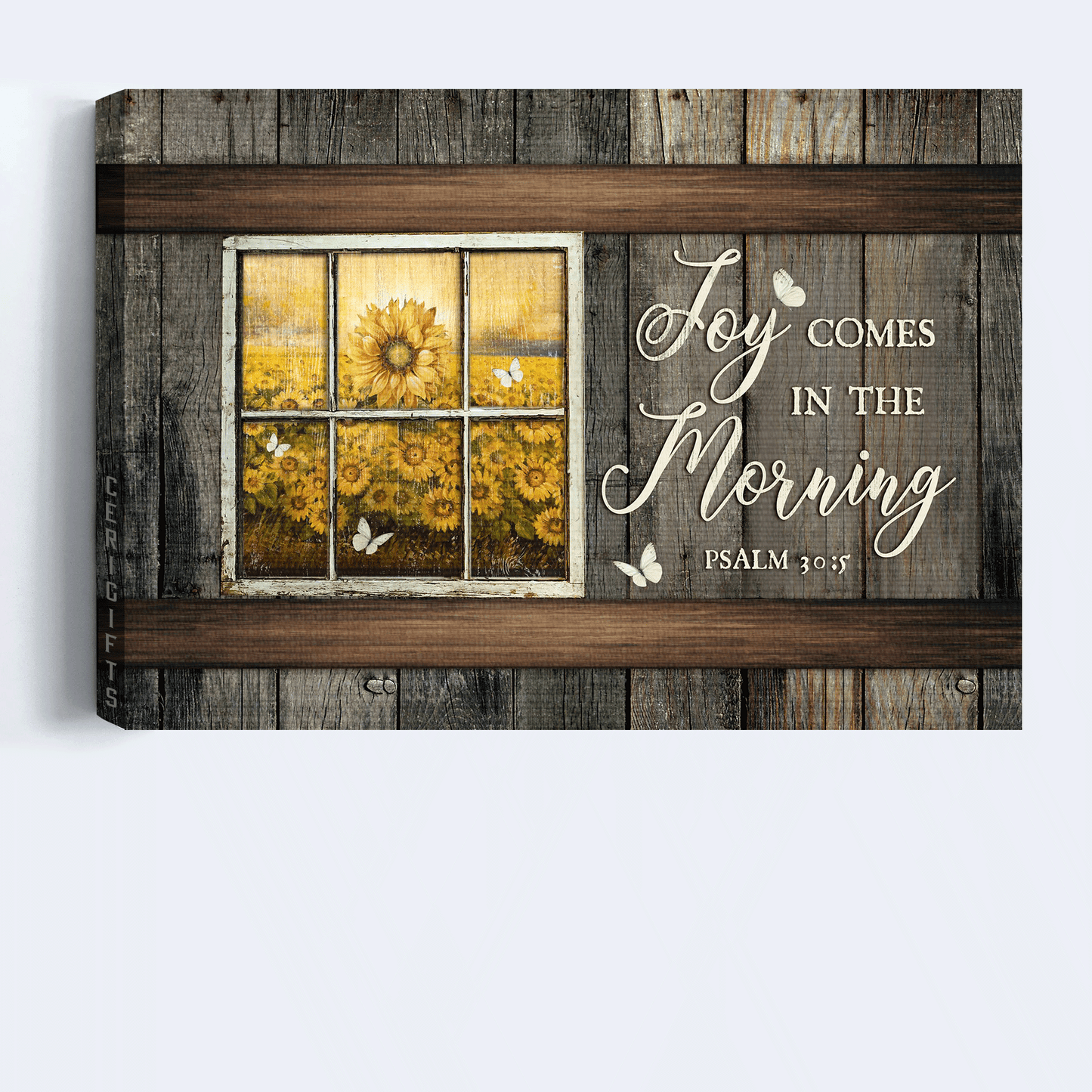Jesus Landscape Canvas - Stunning Sunflower Field, White Butterfly, Bible Verse Canvas - Gift For Christian - Joy Comes In The Morning Canvas