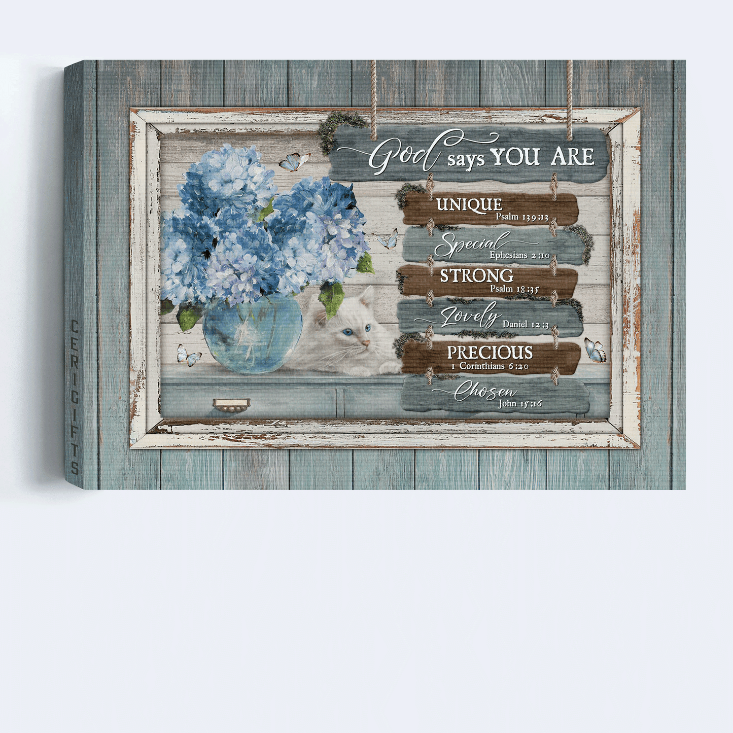 Jesus Landscape Canvas - Pretty blue hydrangeas, White cat Canvas - Gift for Christian - God says you are unique Landscape Canvas Prints, Christian Wall Art