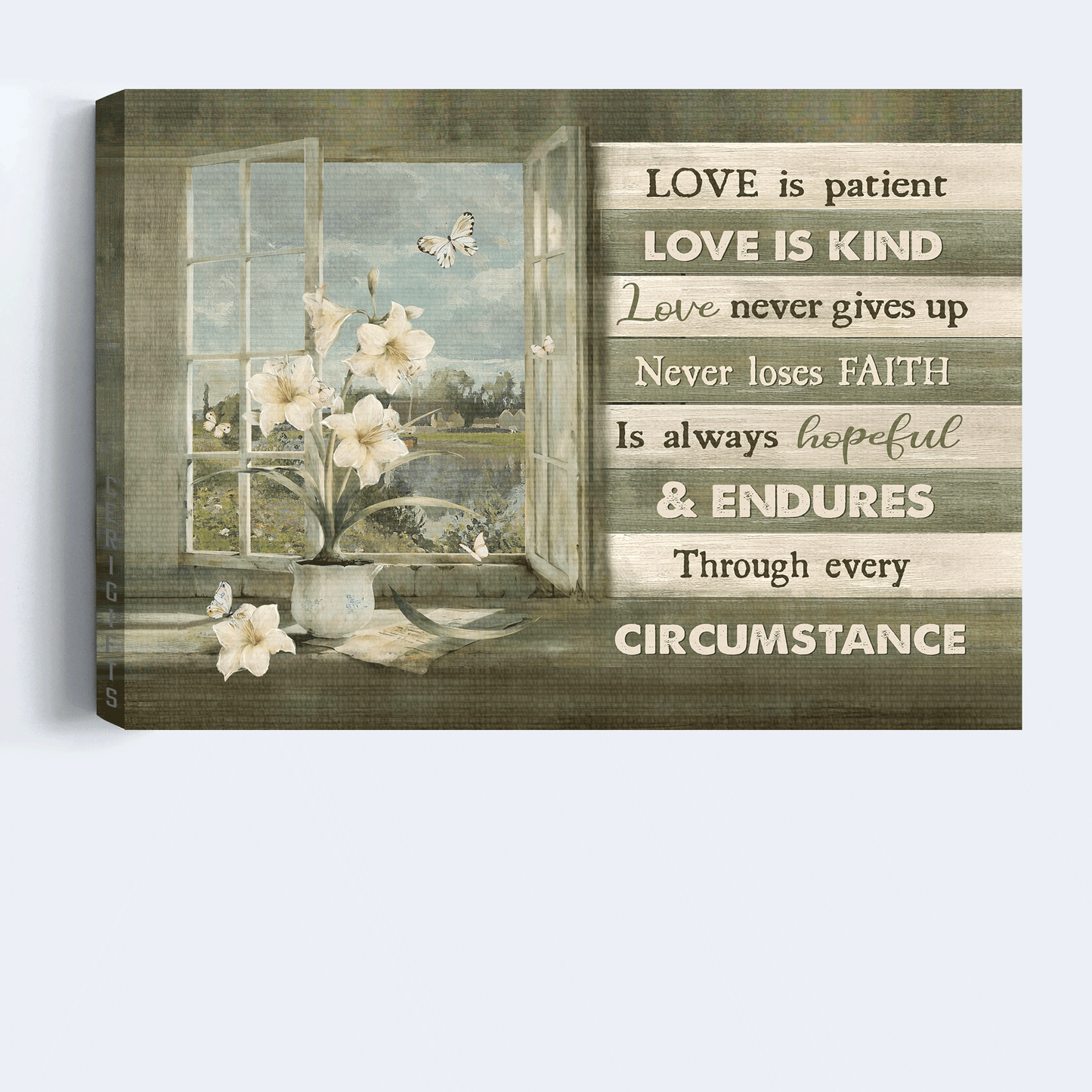 Jesus Landscape Canvas - White Lily Drawing, Butterfly, Green Background Canvas - Gift For Christian - Love Is Patient Love Is Kind Canvas