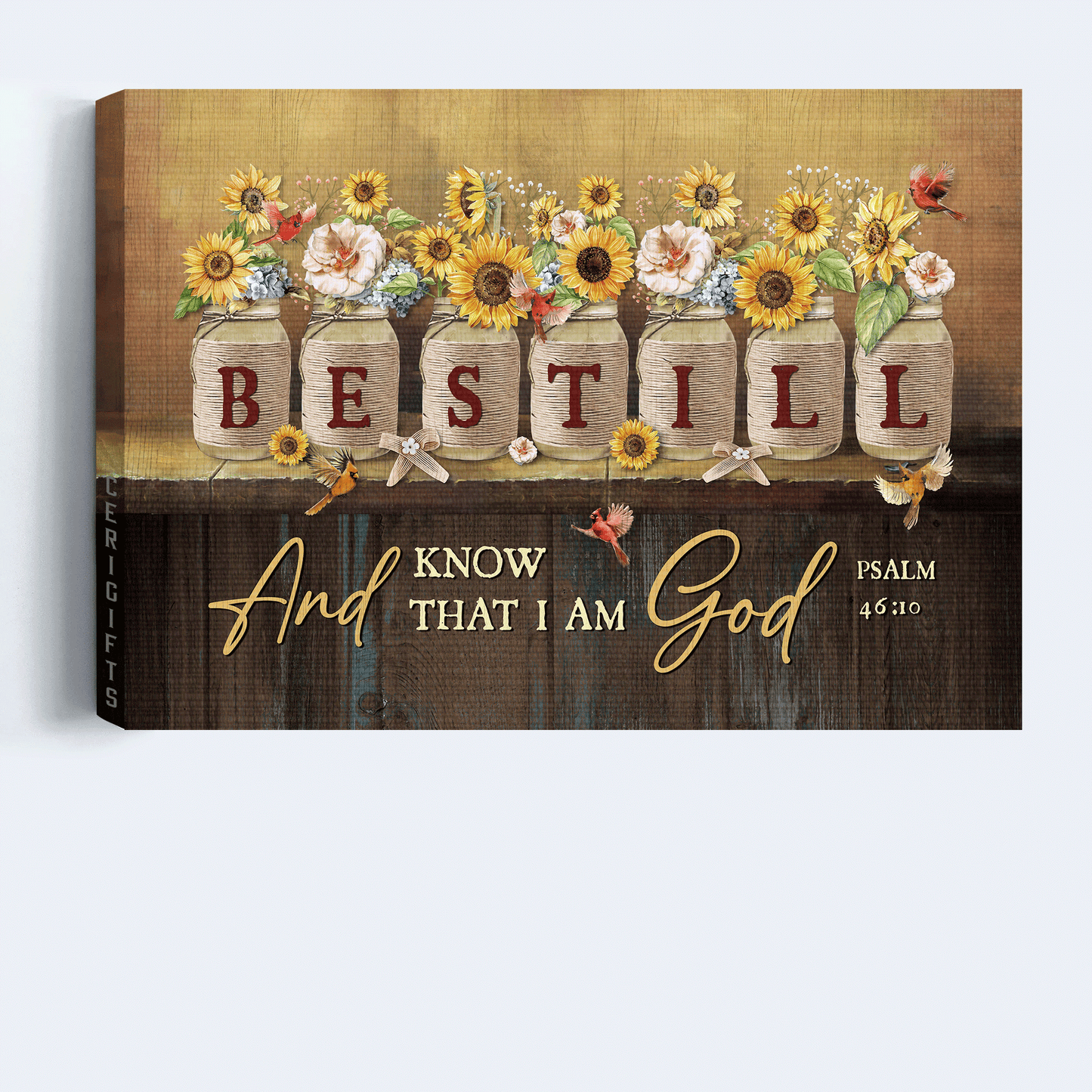 Jesus Landscape Canvas - Bible verse, Sunflower jars, Red cardinal Landscape Canvas - Gift For Christian - Be still and know that I am God
