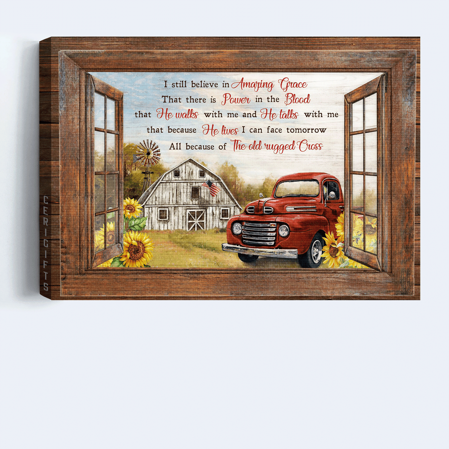 Jesus Landscape Canvas - Sunflower Farm, Red Ladybug Car, Vintage House, Window Frame Canvas - Gift For Christian - I Still Believe In Amazing Grace Canvas