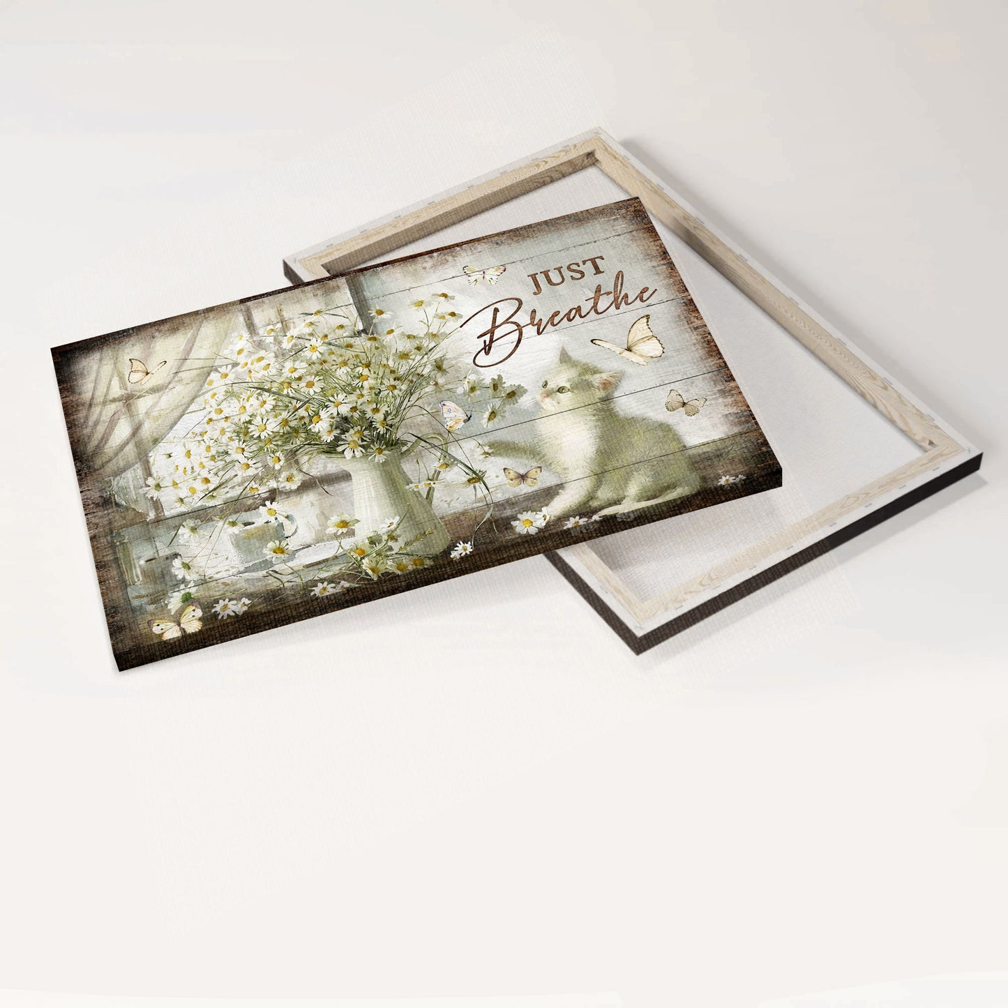 Jesus And Cat Landscape Canvas - Vintage Flower Painting, Pretty Daisy Vase, Cute White Kitten Canvas - Gift For Christian, Cat Lovers - Just Breathe