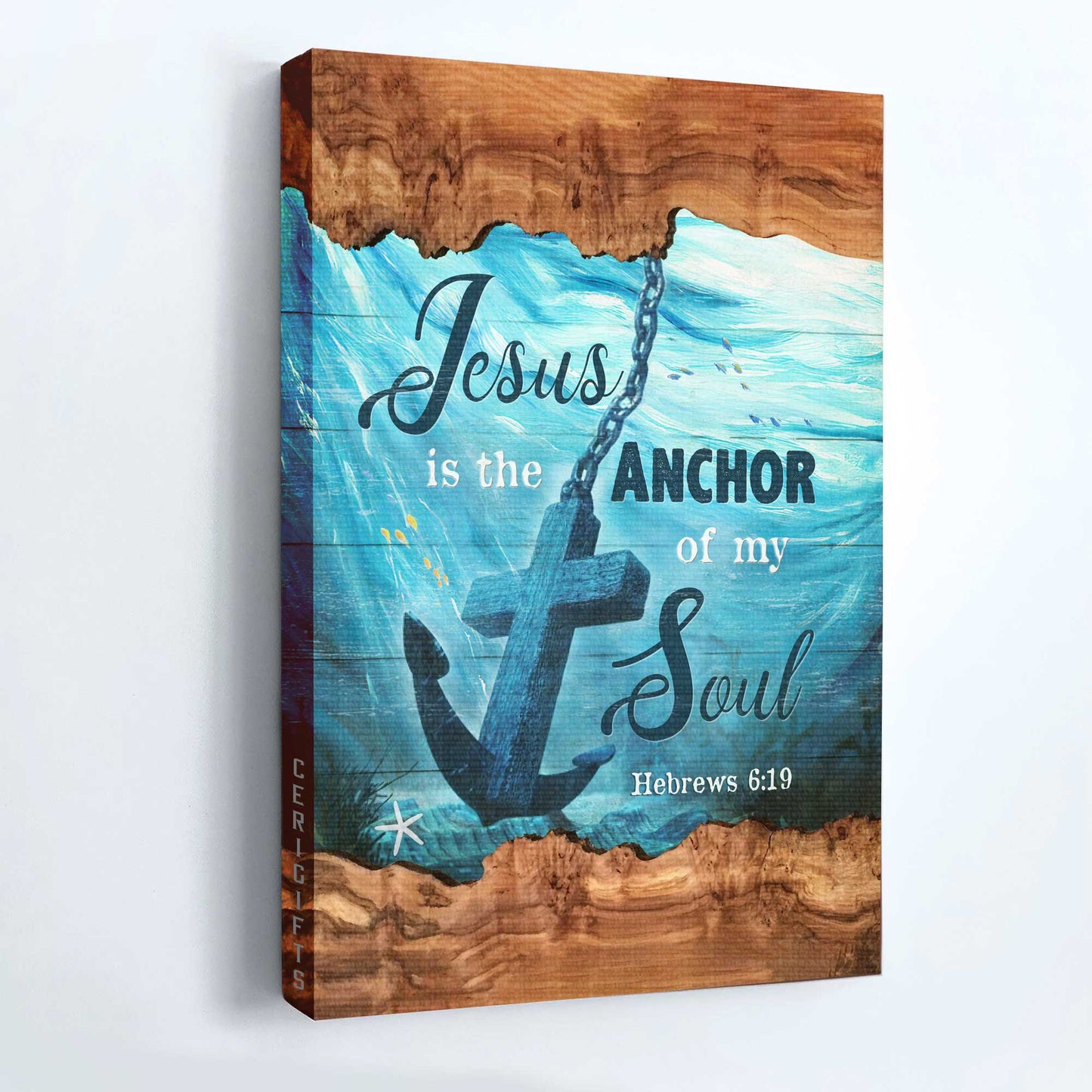 Jesus Portrait Canvas, Christian wall art canvas - Anchor painting, Blue ocean, God, Wood artwork, Jesus is the anchor of my soul Portrait Canvas