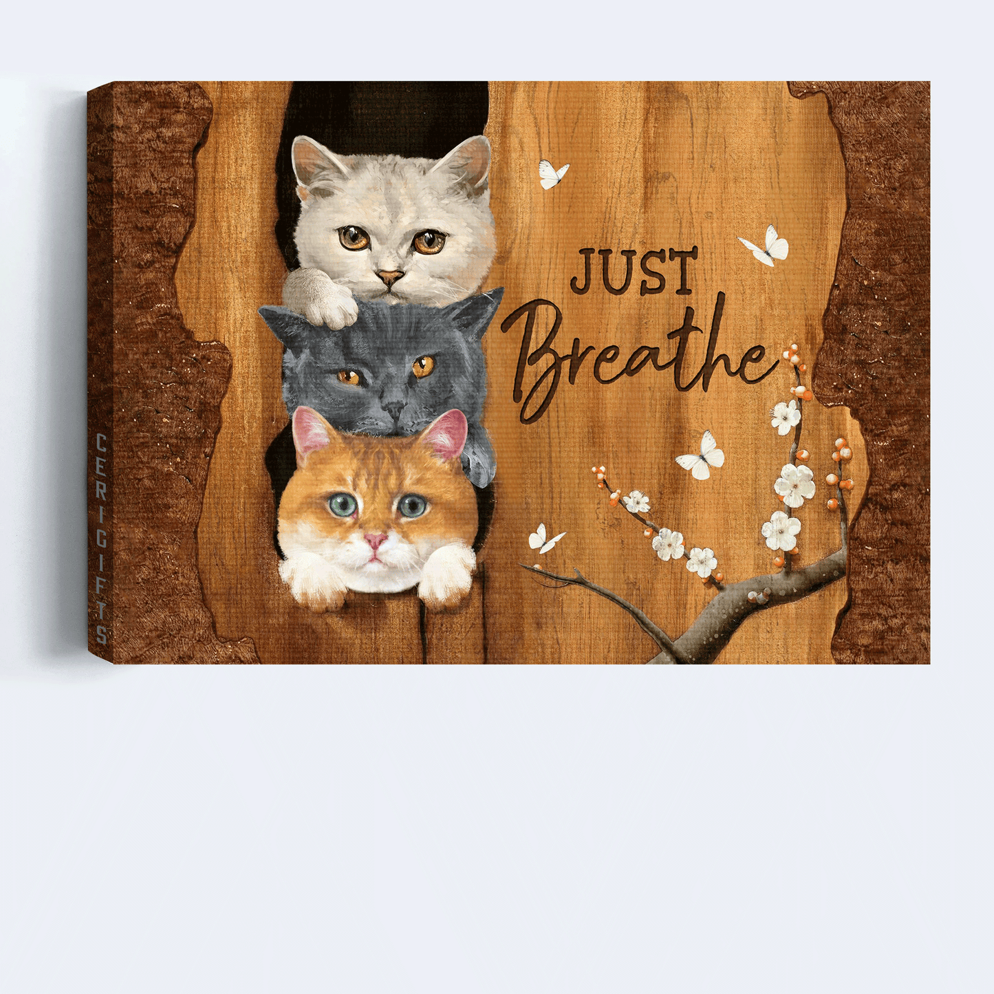 Jesus Landscape Canvas - Little cat artwork, Wooden background, White flower Landscape Canvas - Gift For Christian - Just breathe Landscape Canvas