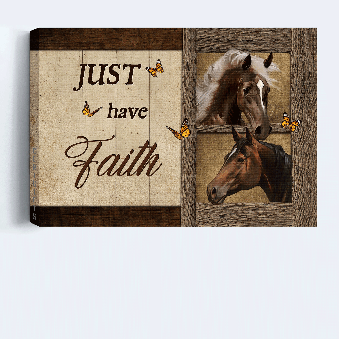 Jesus Landscape Canvas- Beautiful horse, Orange butterfly, Wooden background canvas- Gift for Christian- Just have faith