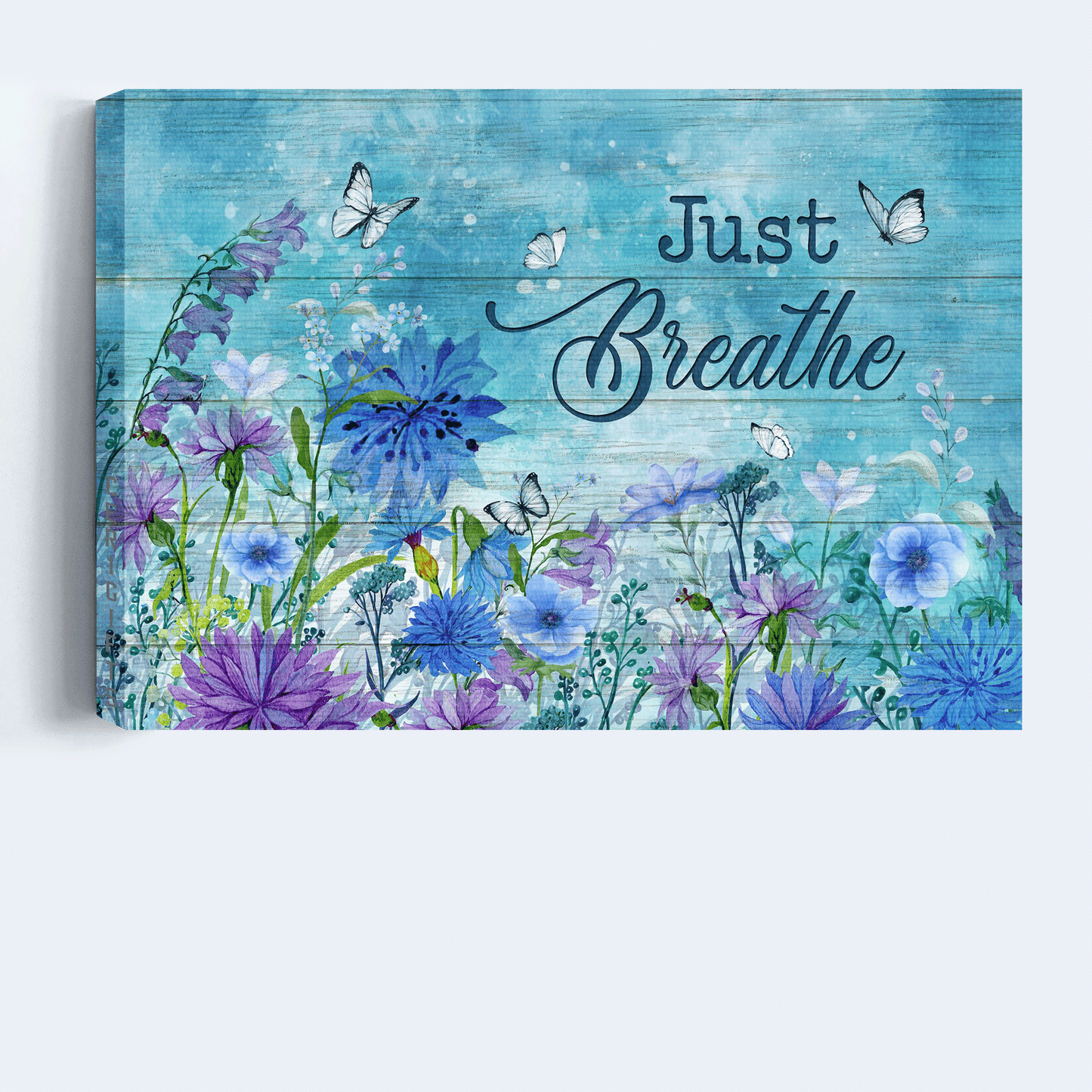 Jesus Landscape Canvas - Blue flower garden, Pretty butterfly, Spring painting Landscape Canvas - Gift For Christian - Just breathe Landscape Canvas