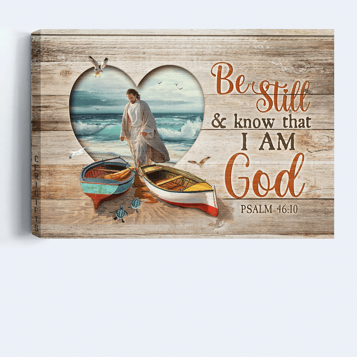 Jesus Landscape Canvas - Colorful Boat, Jesus Walking On Water, Blue Sea Turtle, Albatross, Heart Landscape Canvas - Gift For Christian - Be Still And Know That I Am God