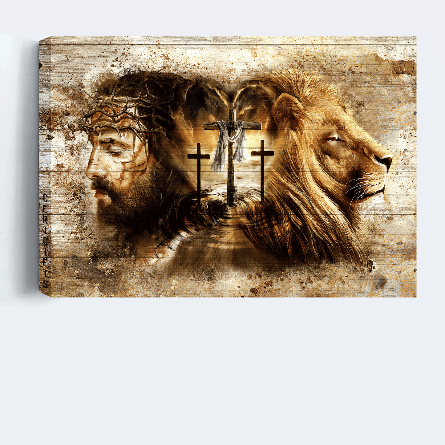 Jesus Landscape Canvas - Lion of Judah, Three wooden crosses, Vintage painting, Amazing Jesus drawing Landscape Canvas - Gift For Christian Landscape Canvas