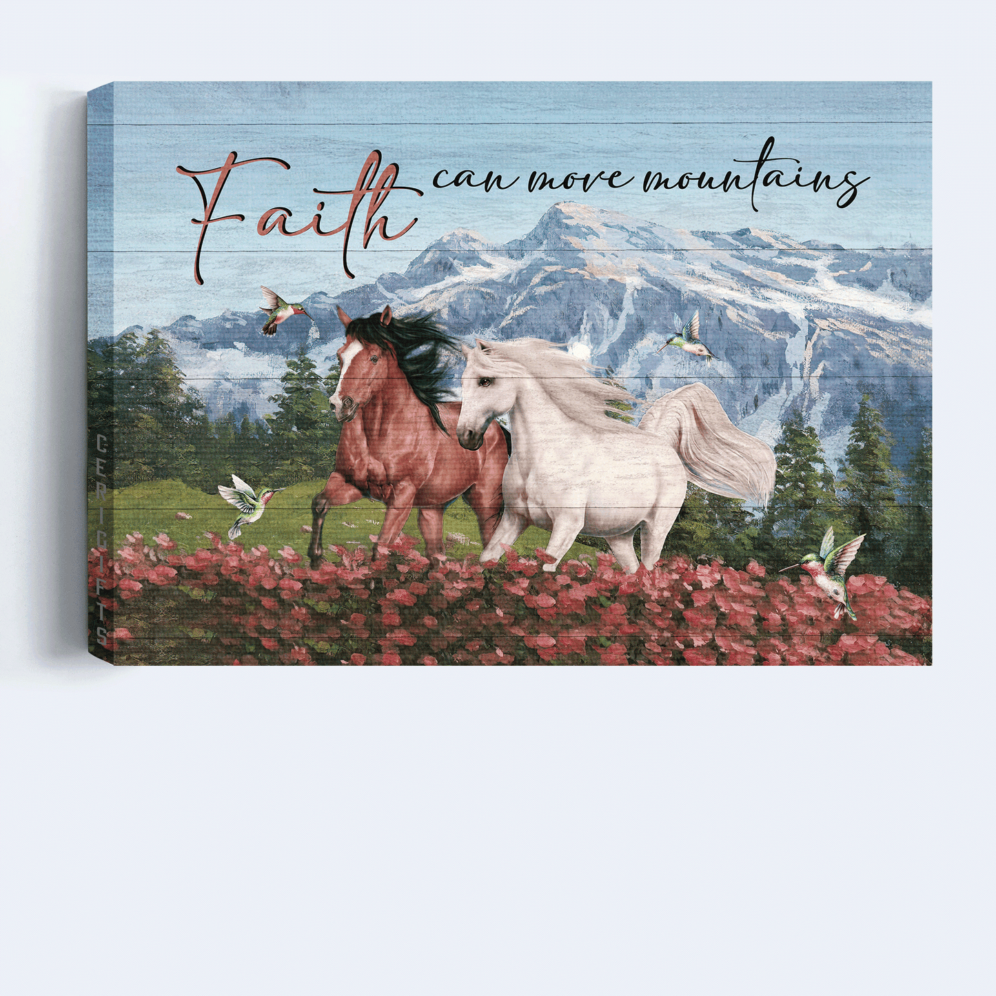 Jesus Landscape Canvas- Beautiful horses, Pink flower field, Hummingbird canvas- Gift for Christian- Faith can move mountains