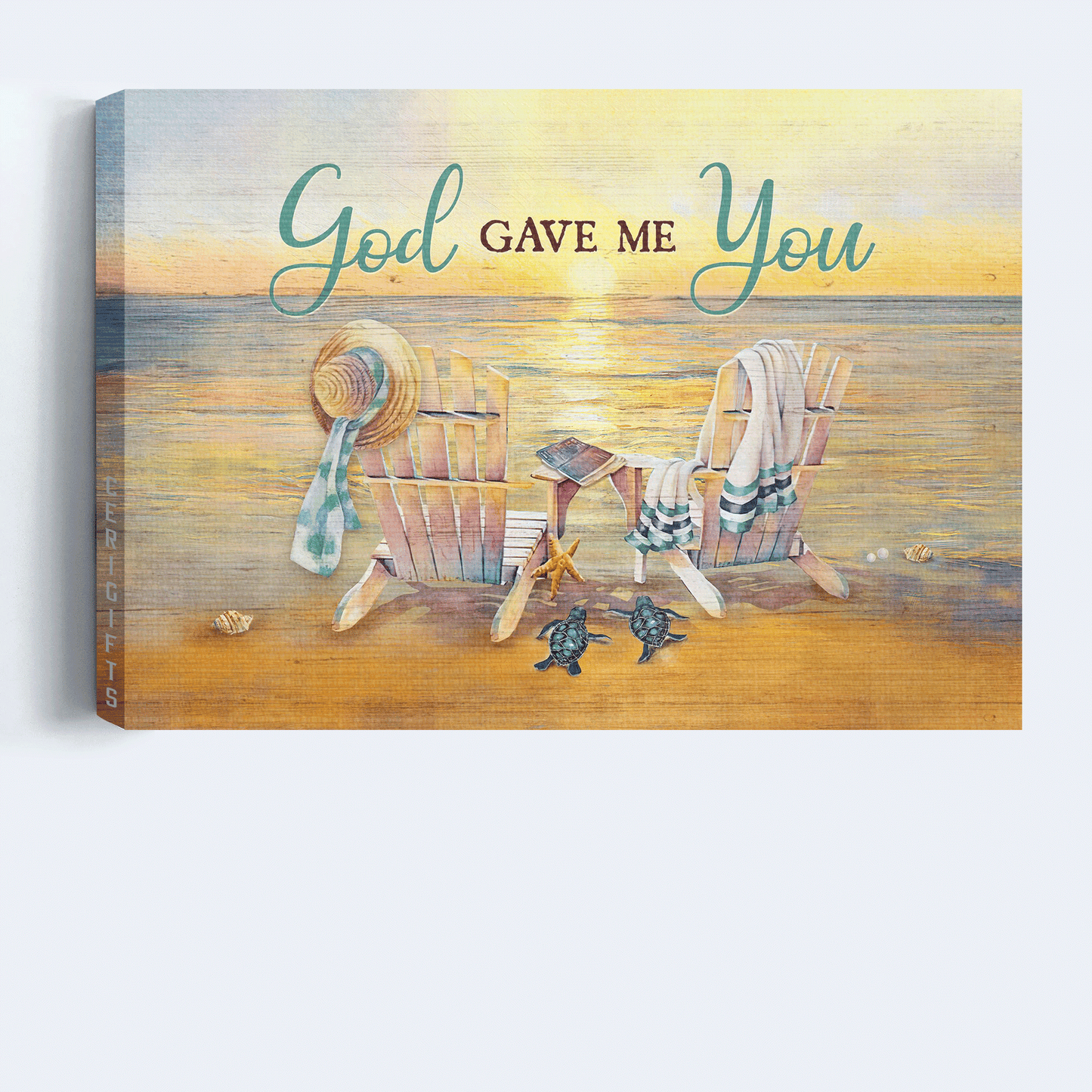 Jesus Landscape Canvas- Beach Painting, Wooden Chair, Couple Sea Turtle Canvas- Gift For Christian- God Gave Me You