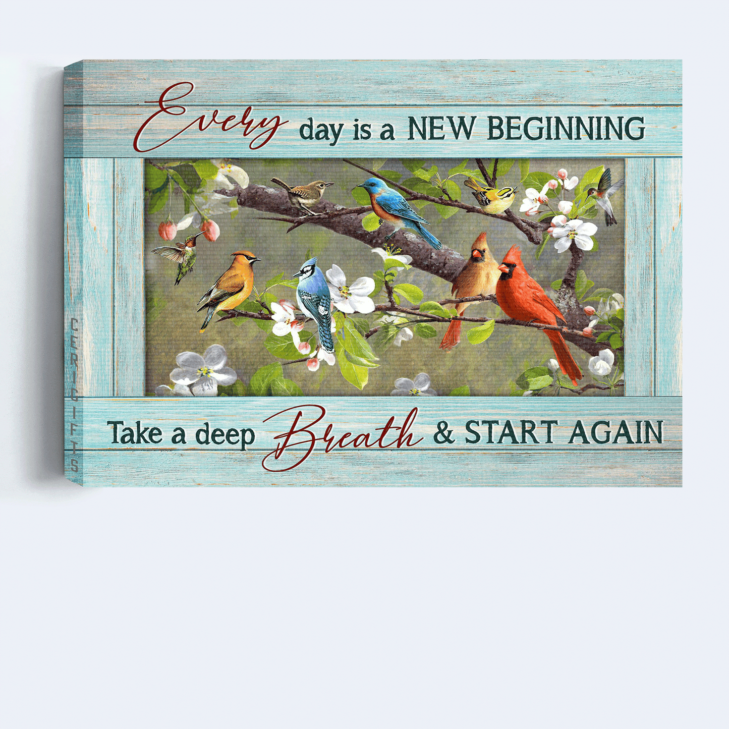 Jesus Landscape Canvas - Colorful Cardinal, Hummingbird Drawing, Peach Blossom, Every Day Is A New Beginning Landscape Canvas - Gift For Christian - Take A Deep Breath And Start Again