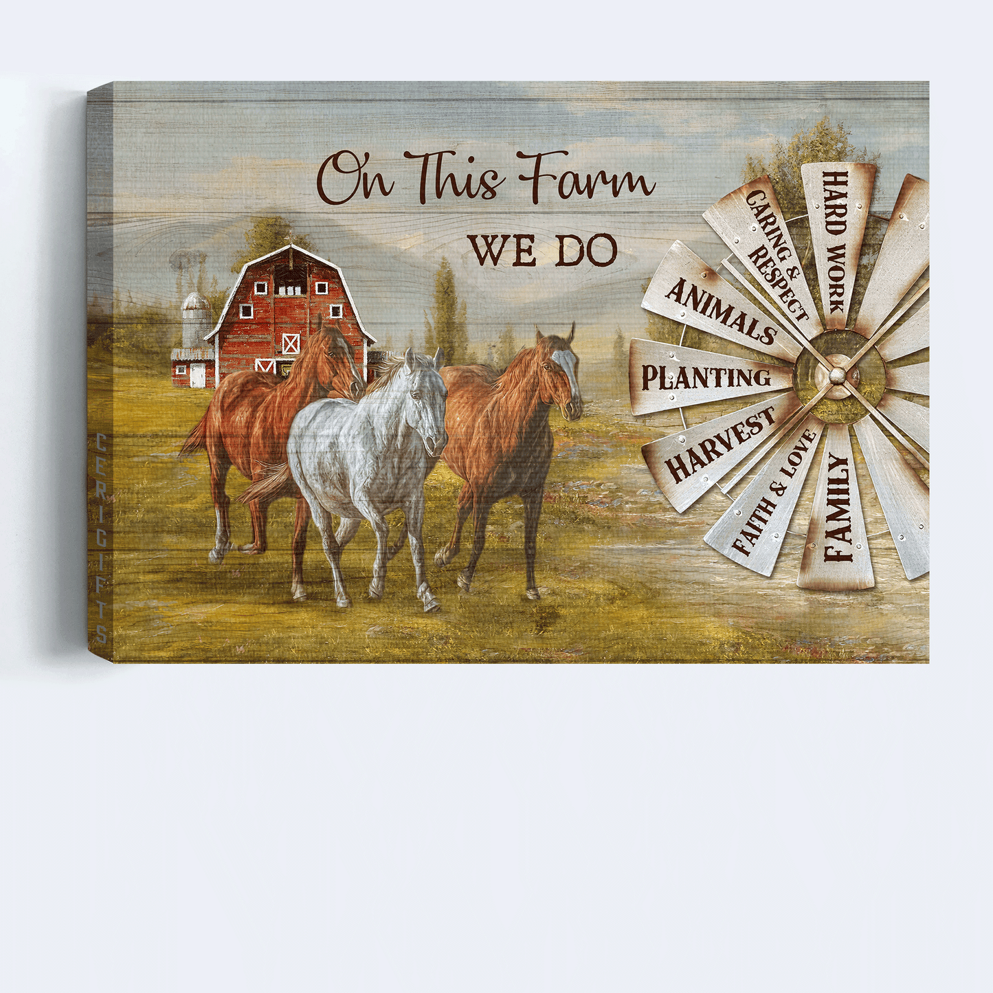 Jesus Landscape Canvas- Beautiful horses, Windmill painting, Red house canvas- Gift for Christian- On this farm we do hard work