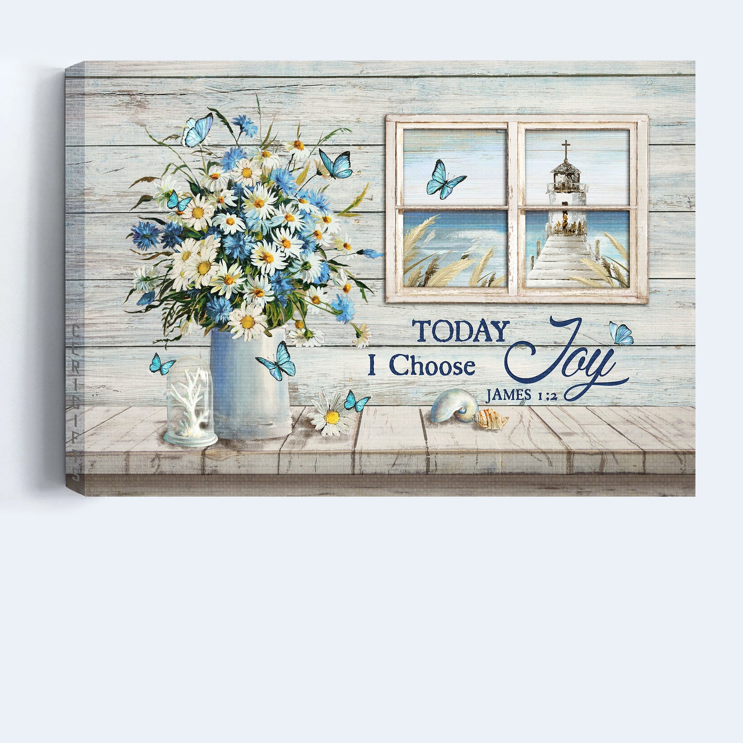 Jesus Landscape Canvas - Church By The Sea, Church Through Rustic Window, Window Frame, Blue Butterfly, Daisy Flower Landscape Canvas - Gift For Christian - Today I Choose Joy