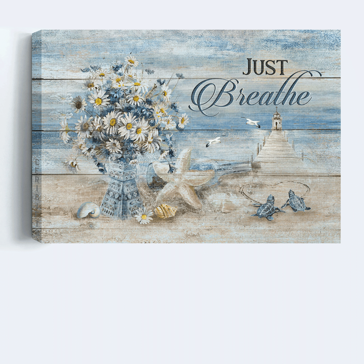 Jesus Landscape Canvas- Blue Ocean, Pretty Daisy Vase, Sea Turtle, Light House, Albatross, Just Breathe canvas- Gift for Christian - Landscape Canvas, Wall Decor Visual Art