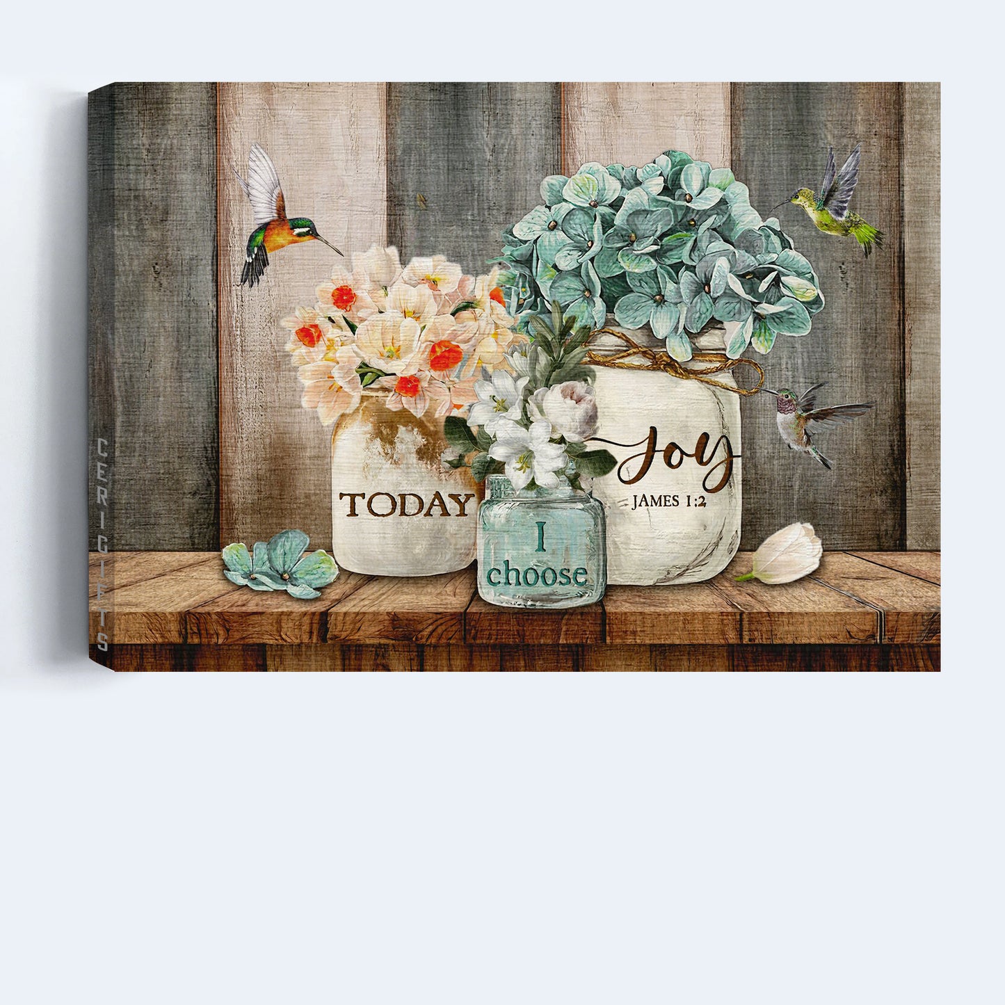 Jesus Landscape Canvas - Blue Hydrangea, Beautiful Flower Vase, Hummingbird Landscape Canvas - Gift For Christian - Today I Choose Joy Landscape Canvas