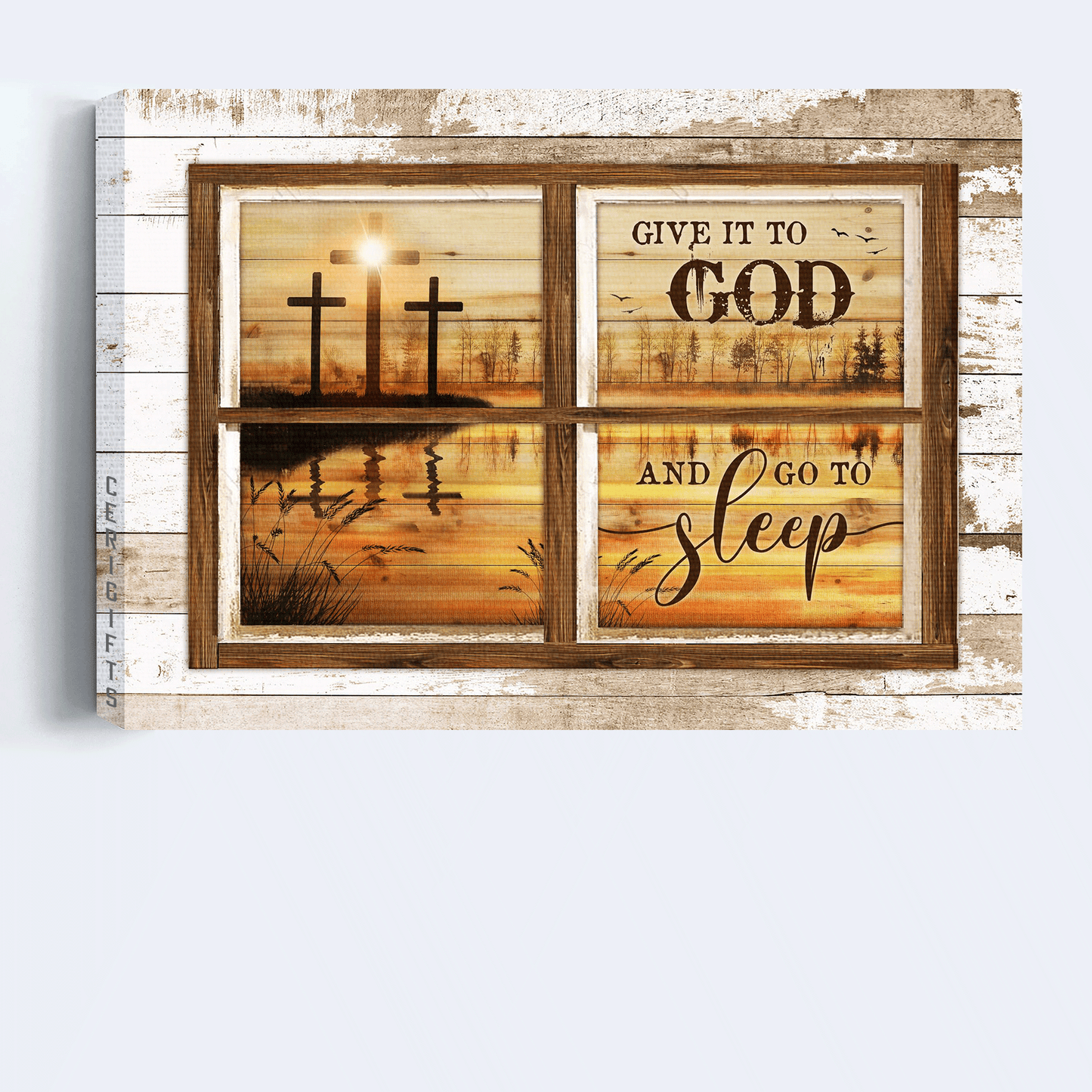 Jesus Landscape Canvas - Orange sunset, Cross symbol, Beautiful lake Landscape Canvas - Gift For Christian - Give it to God and go to sleep Landscape Canvas
