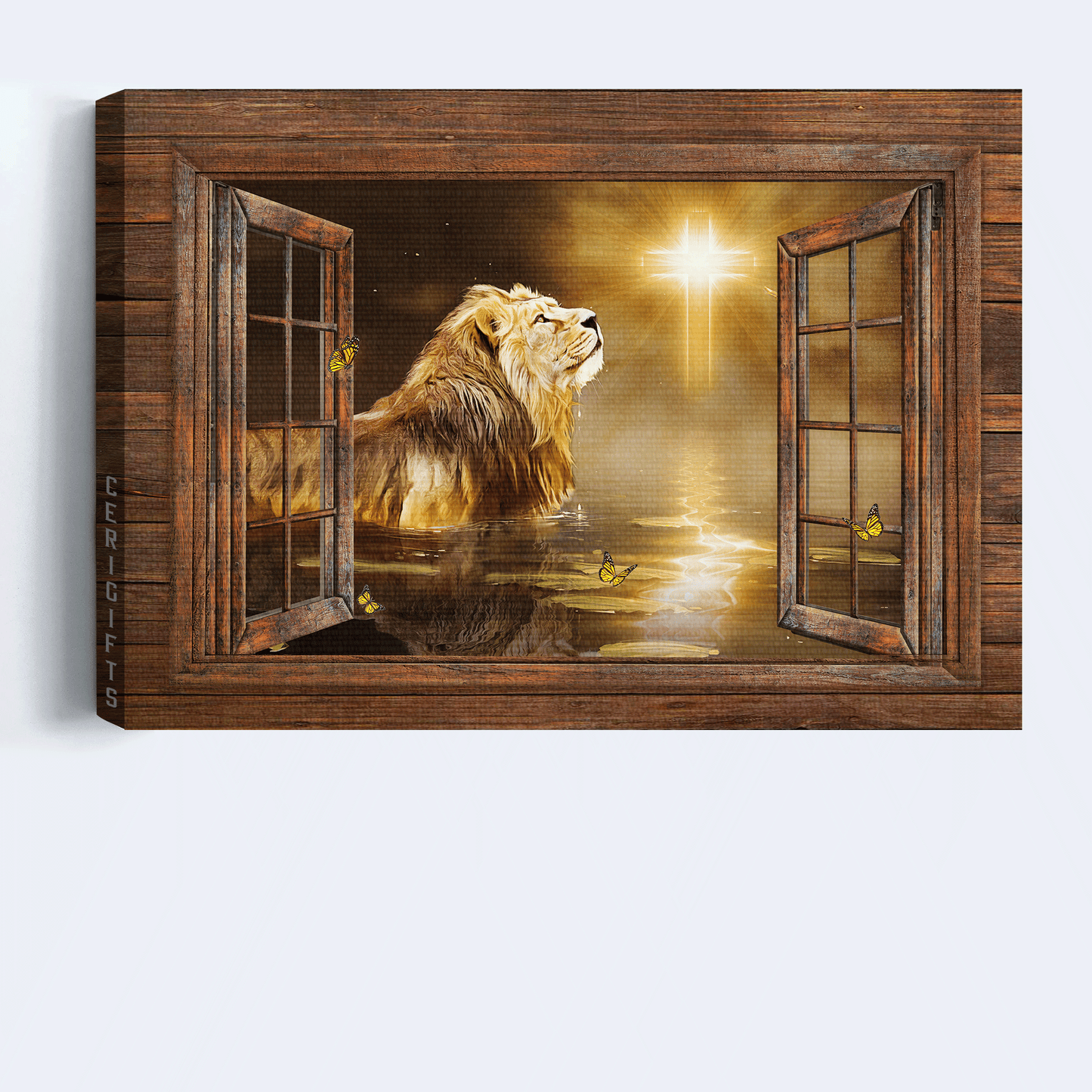 Jesus Landscape Canvas - Lion of Judah, Light cross, Magic lake, Beautiful night Landscape Canvas - Gift For Christian Landscape Canvas