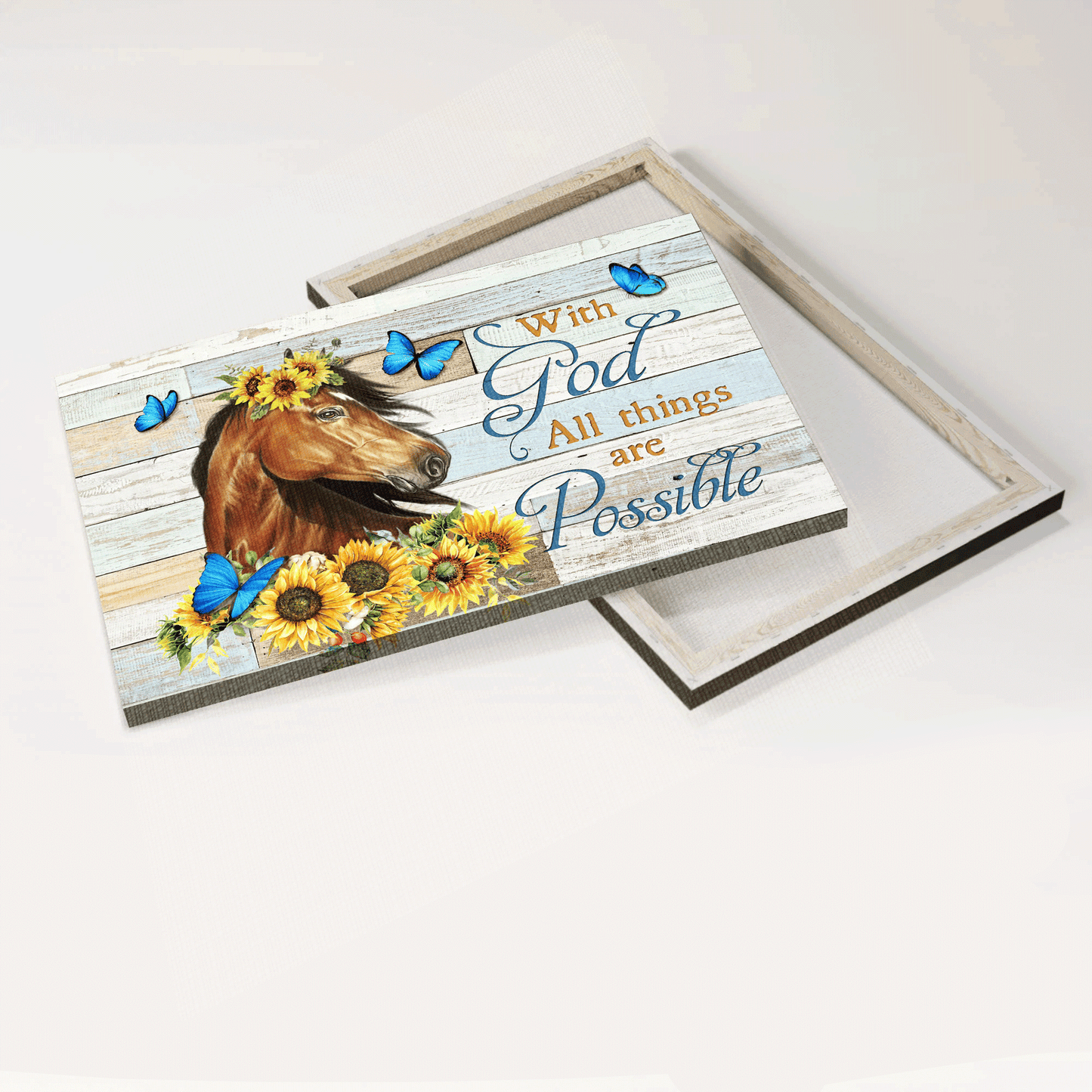 Jesus Landscape Canvas- Beautiful horse painting, Sunflower drawing, Blue butterfly canvas- Gift for Christian- With God all things are possible