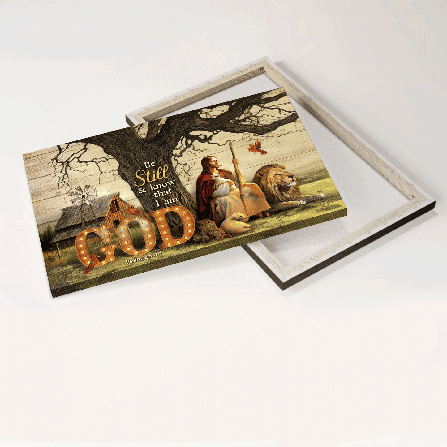 Jesus Landscape Canvas - Lion of Judah, Lamb of God, Red cardinal Canvas - Gift for Christian - Be still and know that I am God Landscape Canvas