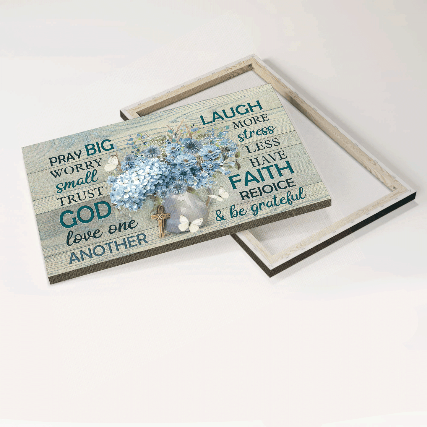 Jesus Landscape Canvas- Blue jasmine, Hydrangea flower, White butterfly canvas- Gift for Christian- Pray big, Worry small - Landscape Canvas Prints, Christian Wall Art