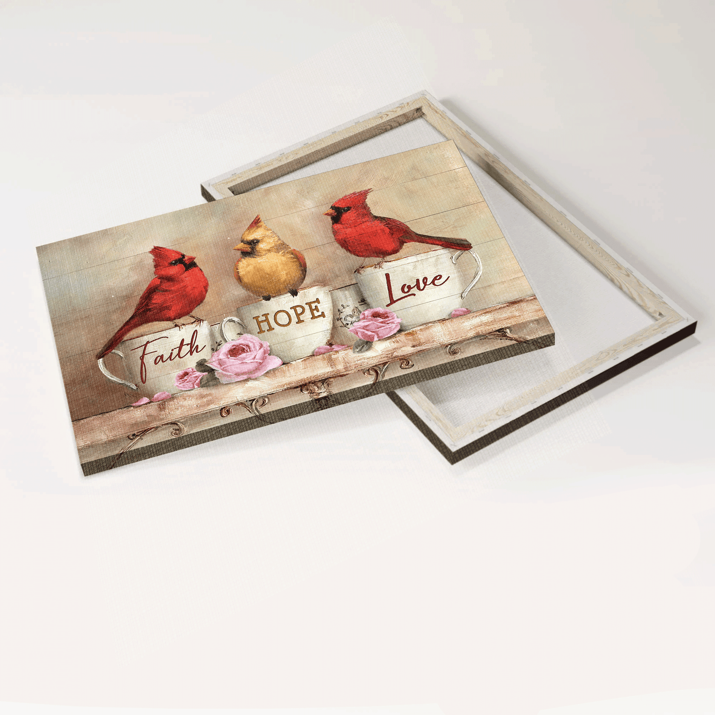 Jesus Landscape Canvas - Little cardinal, Vintage cup, Pink rose Landscape Canvas - Gift For Christian - Faith Hope Love Landscape Canvas