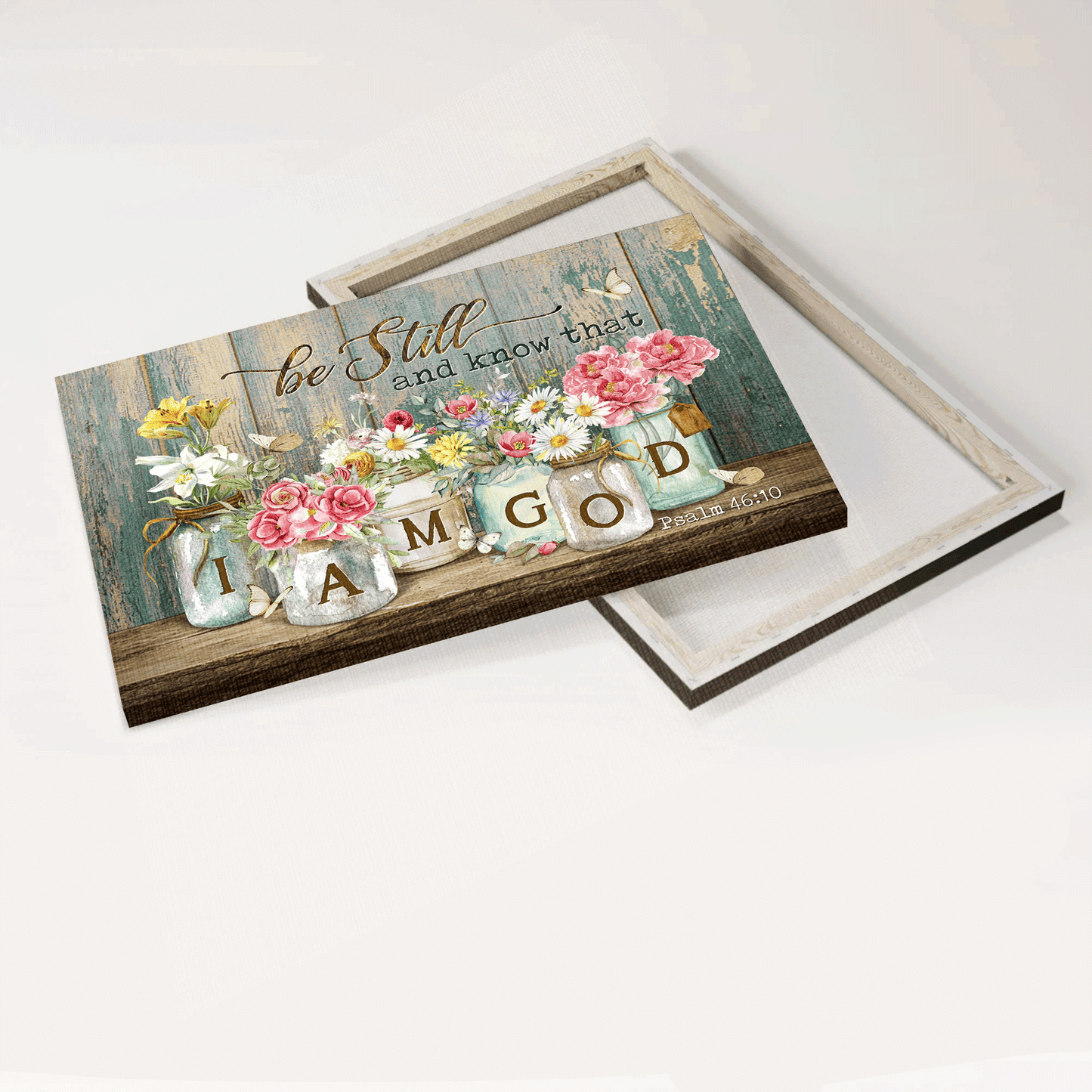 Jesus Landscape Canvas- Beautiful flowers, White daisy, Pink peony, Yellow lily canvas- Gift for Christian- Be still I am God