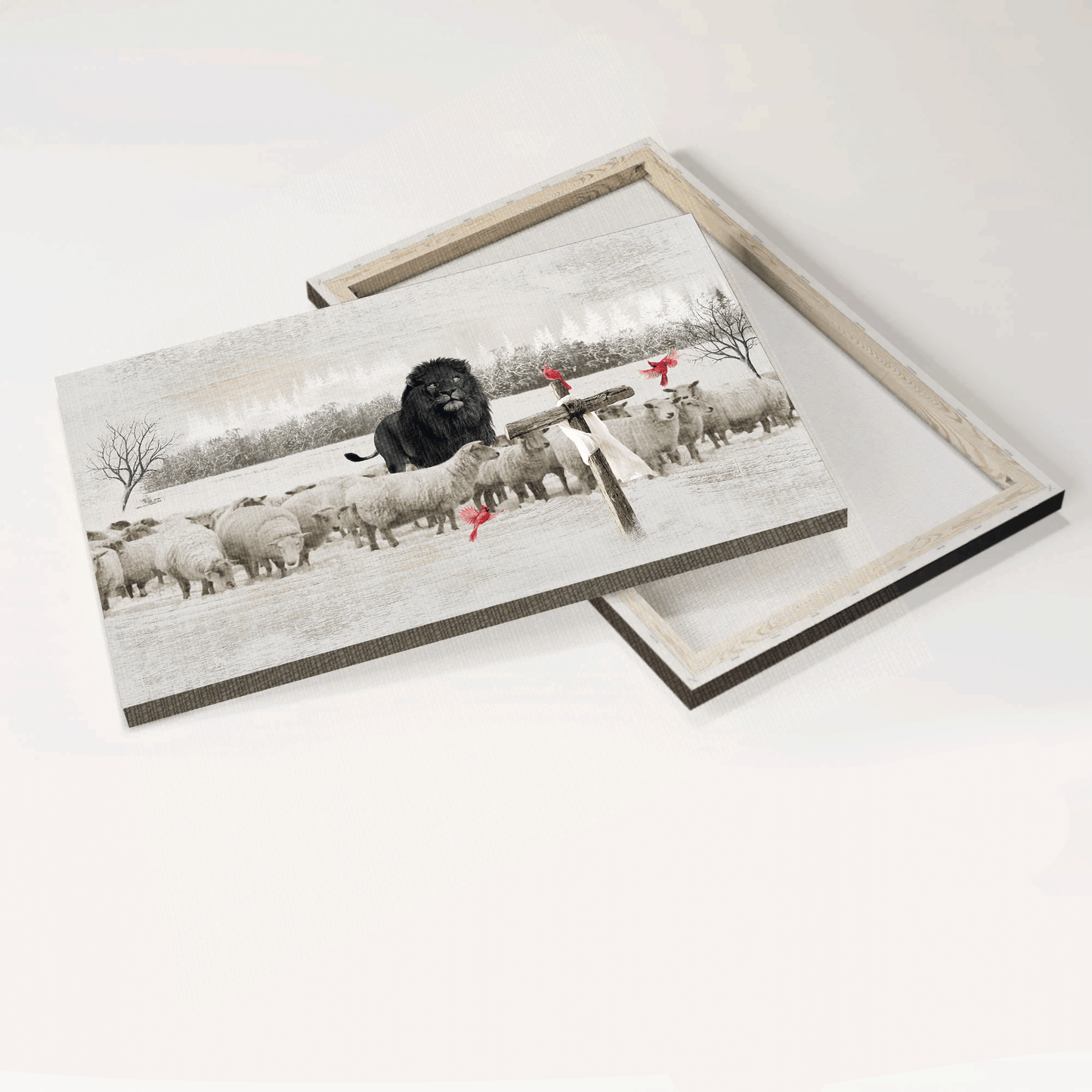 Jesus Landscape Canvas- Black lion, Lamb farm, Red cardinal, Cross symbol, Stunning painting canvas- Gift for Christian - Landscape Canvas Prints, Home Decor Wall Art