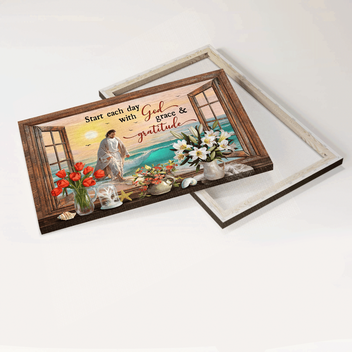 Jesus Landscape Canvas - Beautiful beach, Lovely flower vase Landscape Canvas - Gift For Christian - Start each day with God, grace & gratitude