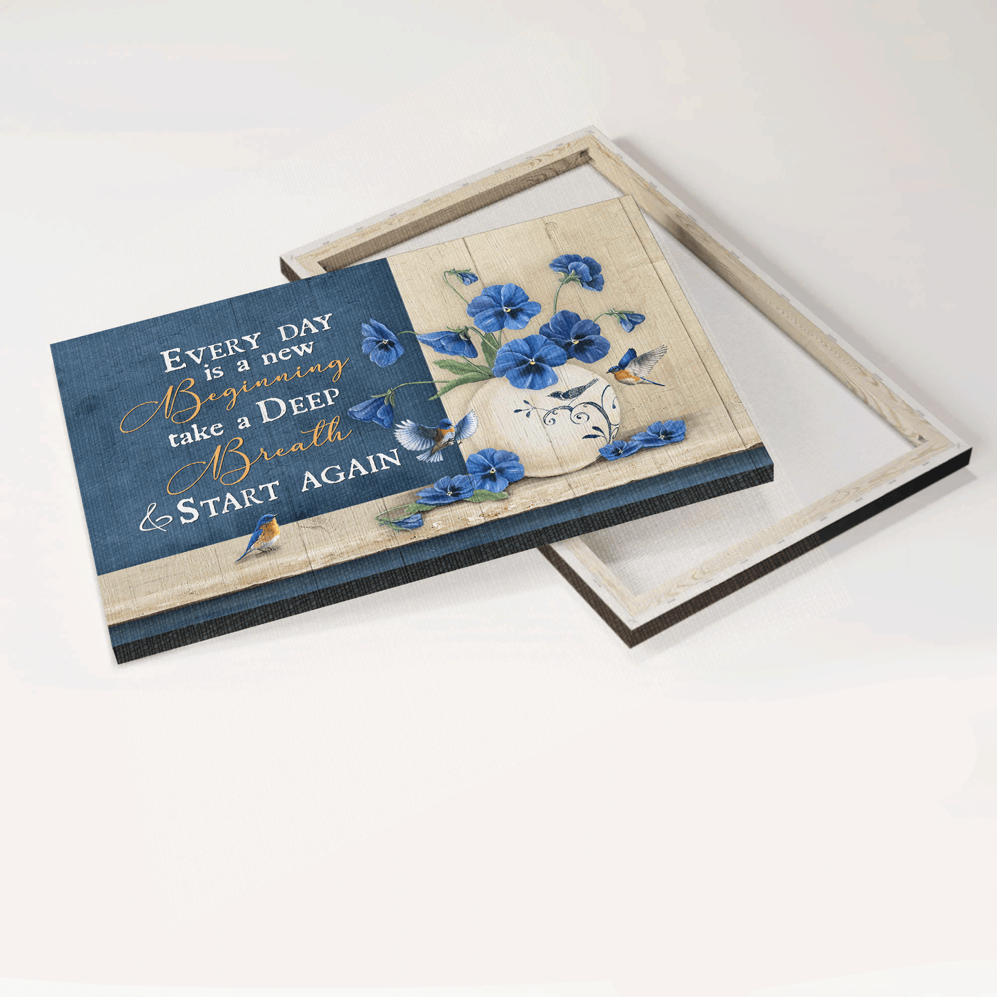 Jesus Landscape Canvas- Blue pansy, Eastern bluebird, Flower vase canvas- Gift for Christian- Every day is a new beginning - Landscape Canvas Prints, Christian Wall Art