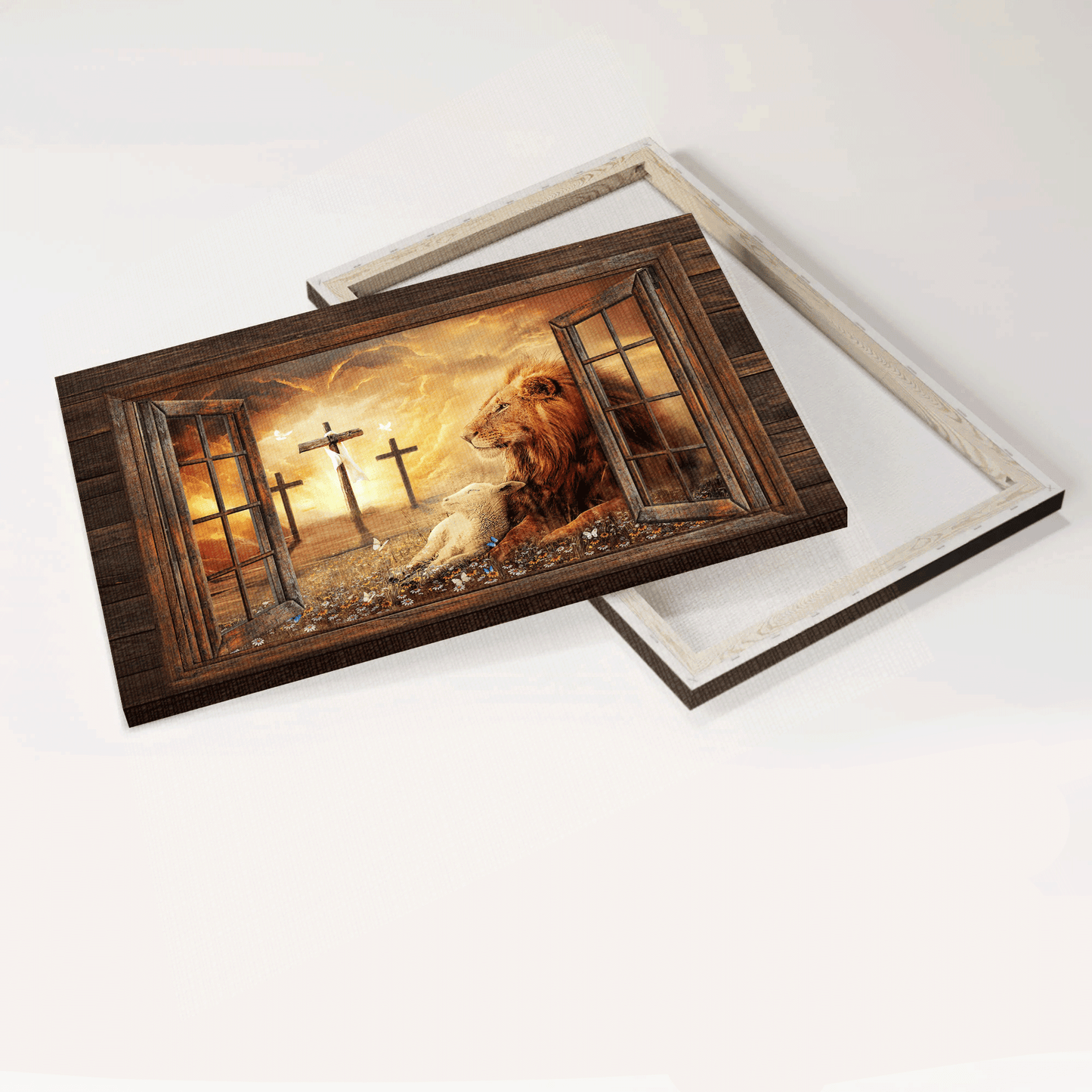 Jesus Landscape Canvas - Lion of Judah, Lamb of God, Three rugged crosses, On a peaceful day Landscape Canvas - Gift For Christian Landscape Canvas