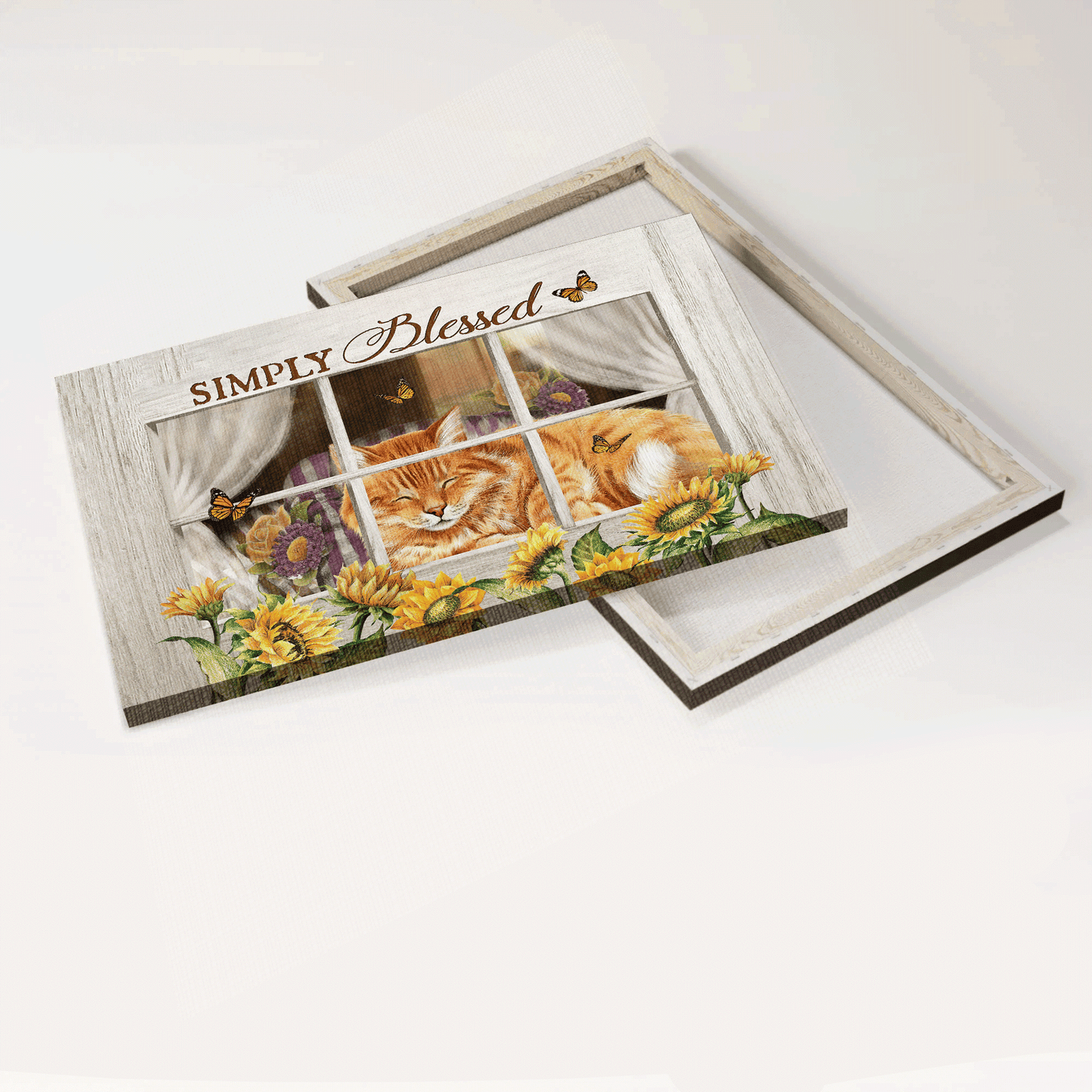 Jesus Landscape Canvas - Orange tabby cat, Sunflower painting, White window Landscape Canvas - Gift For Christian - Simply blessed Landscape Canvas