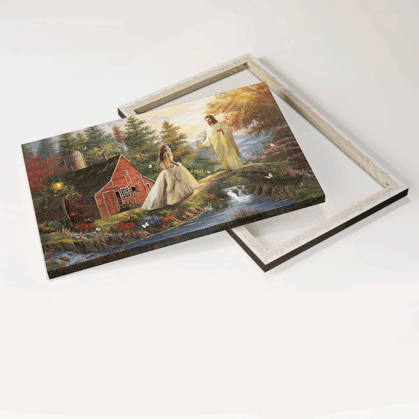 Jesus Landscape Canvas - Beautiful scenery, Wonderful forest, Little red house, Come into his arms Landscape Canvas - Gift For Christian