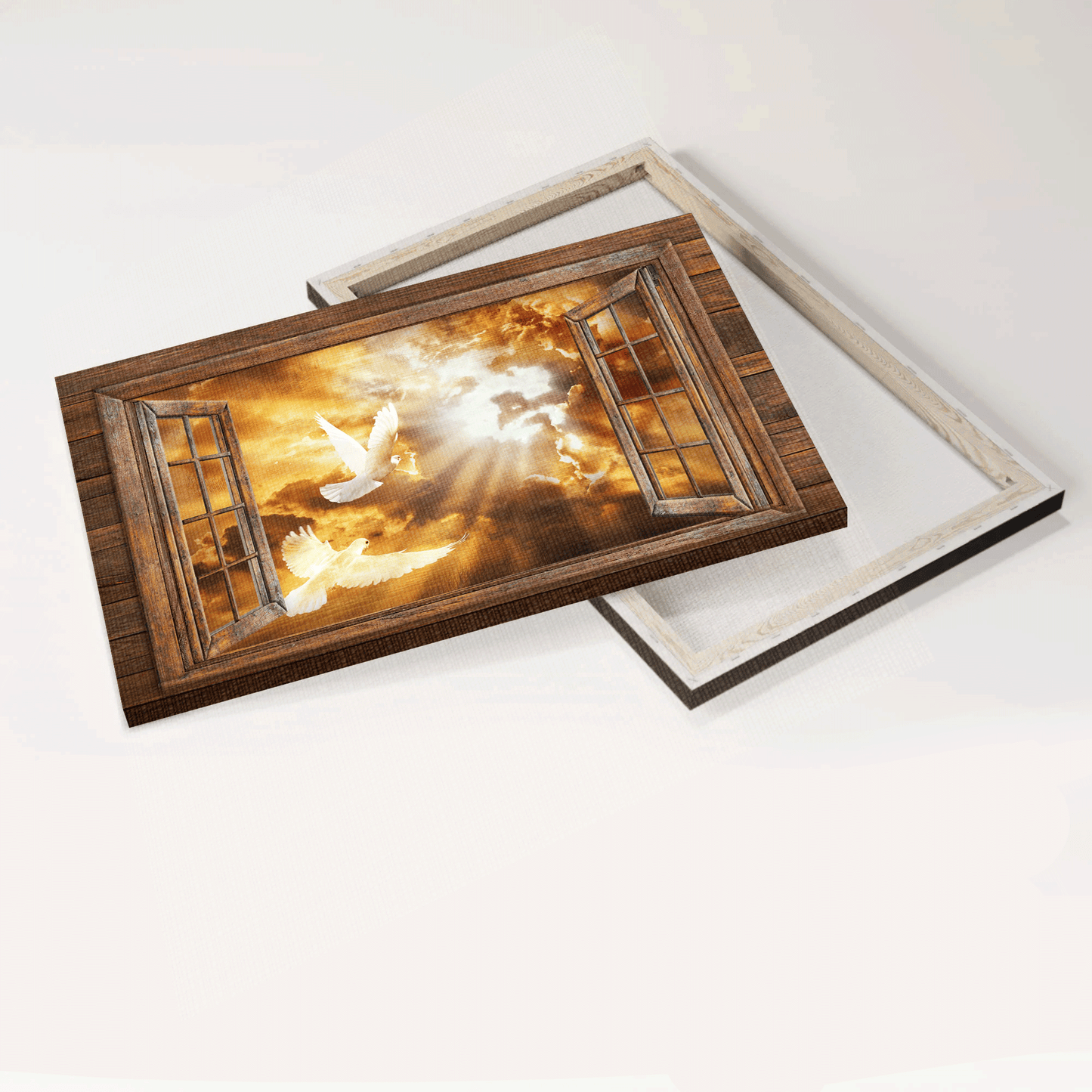 Jesus Landscape Canvas - Stunning Sunset, White Dove Drawing, Infinite Halo, Wooden Window Canvas - Gift For Christian