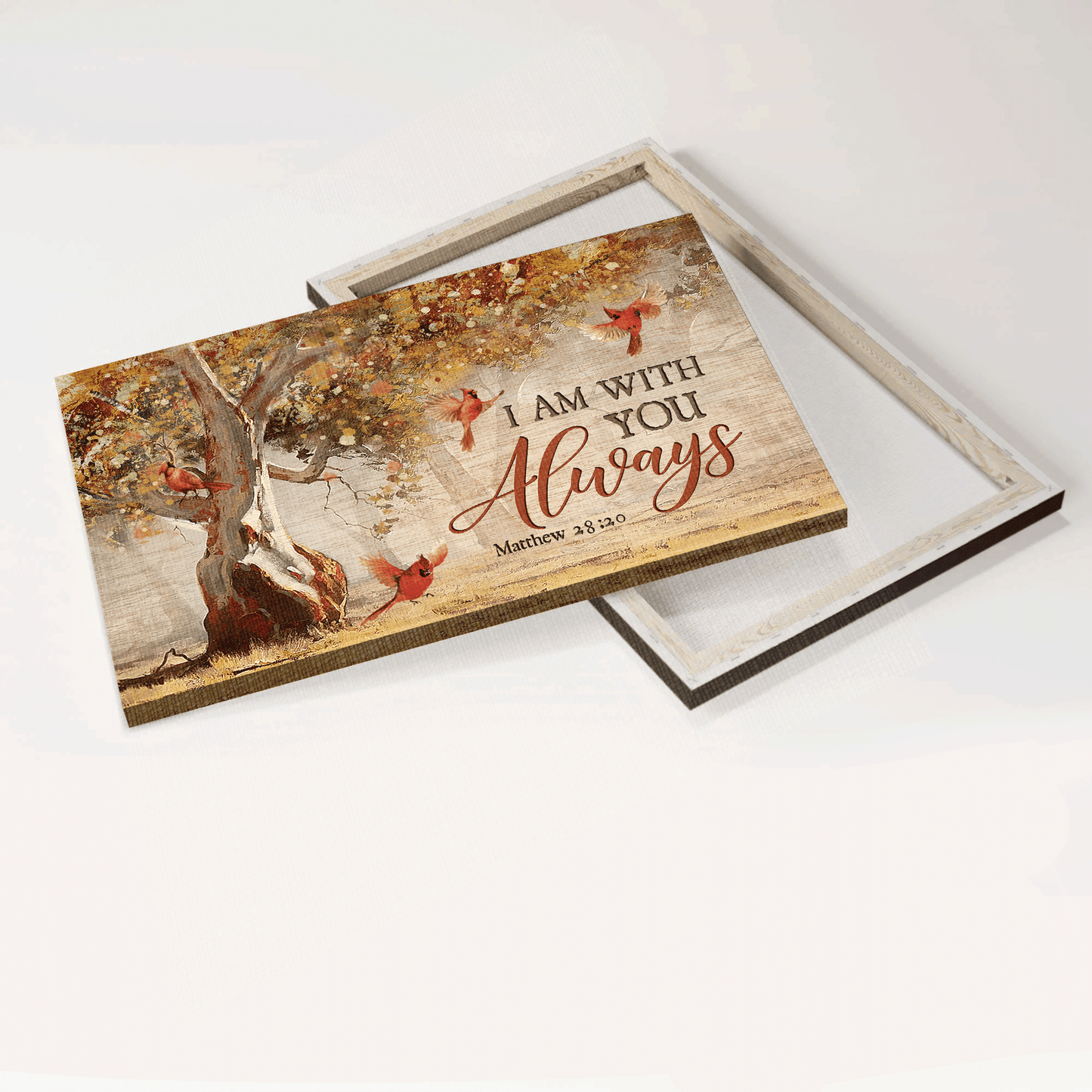 Jesus Landscape Canvas- Autumn Forest, Red Cardinals, Abstract Art, Bible Verse, Cardinal Landscape Canvas- Gift For Christian- I Am With You Always