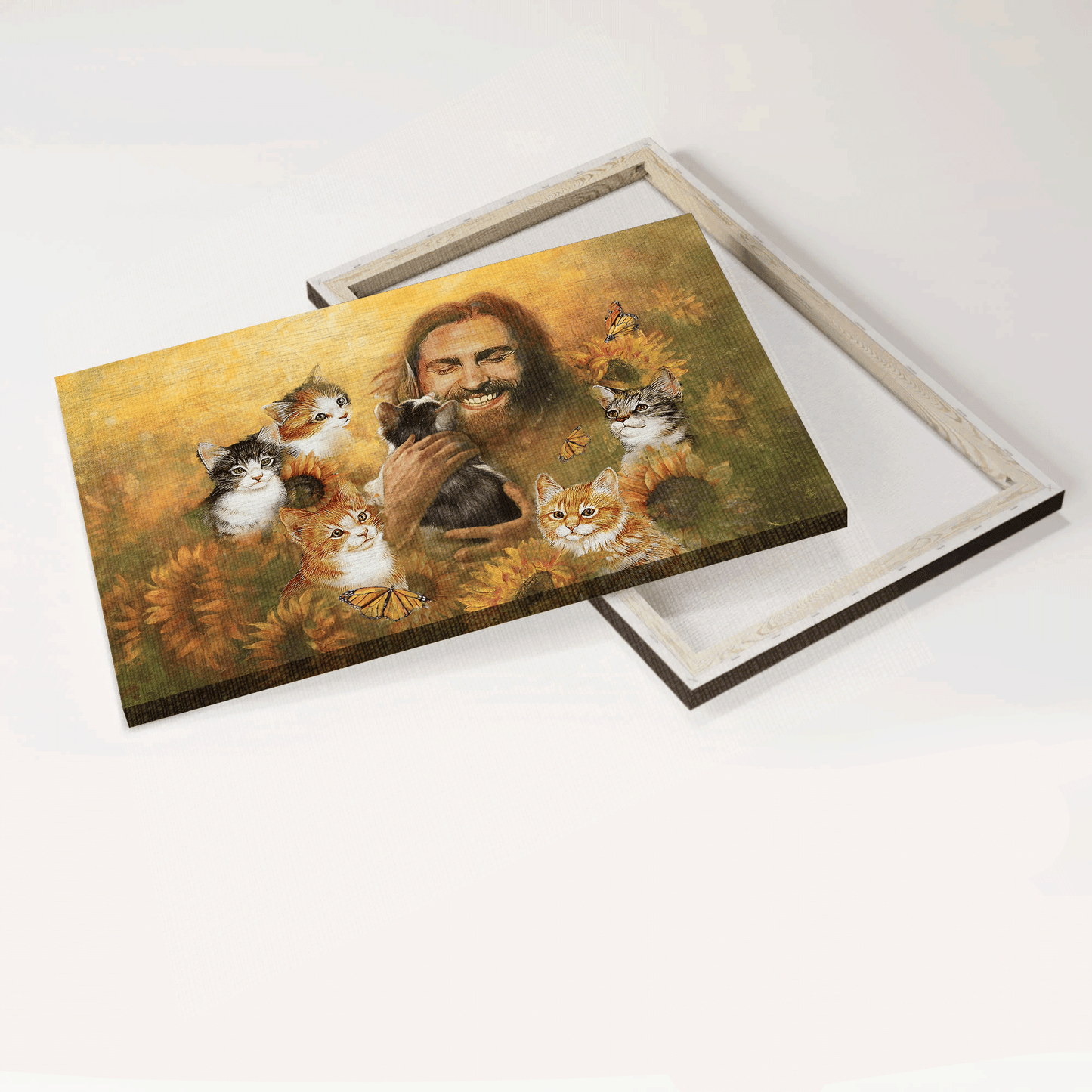 Jesus Landscape Canvas - Lovely cats, Sunflower field, Monarch butterfly, Jesus Christ among animals Landscape Canvas - Gift For Christian Landscape Canvas Prints, Home Decor Wall Art