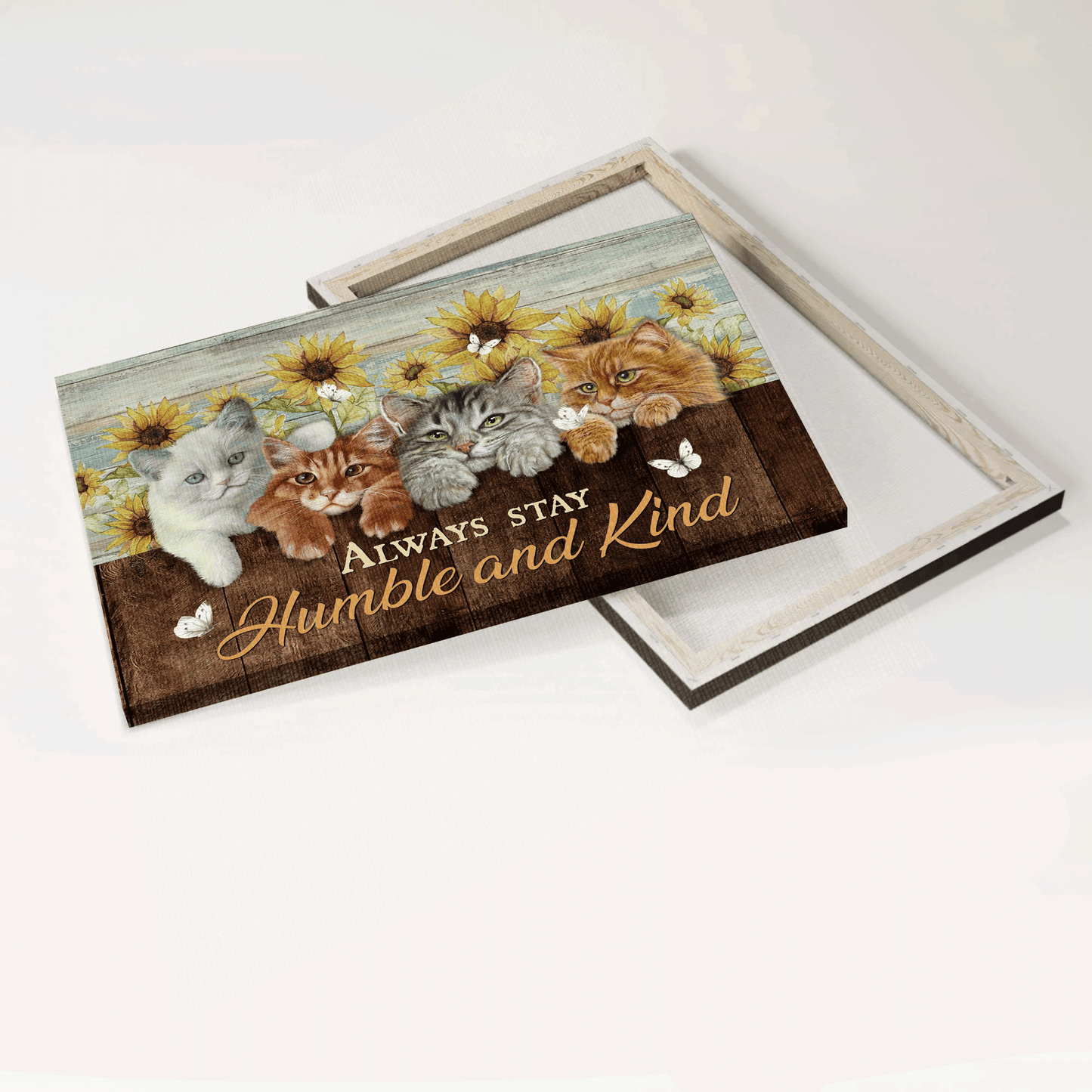Jesus Landscape Canvas - Lovely cat painting, Sunflower frame, White butterfly Landscape Canvas - Gift For Christian - Always stay humble And Kind Landscape Canvas