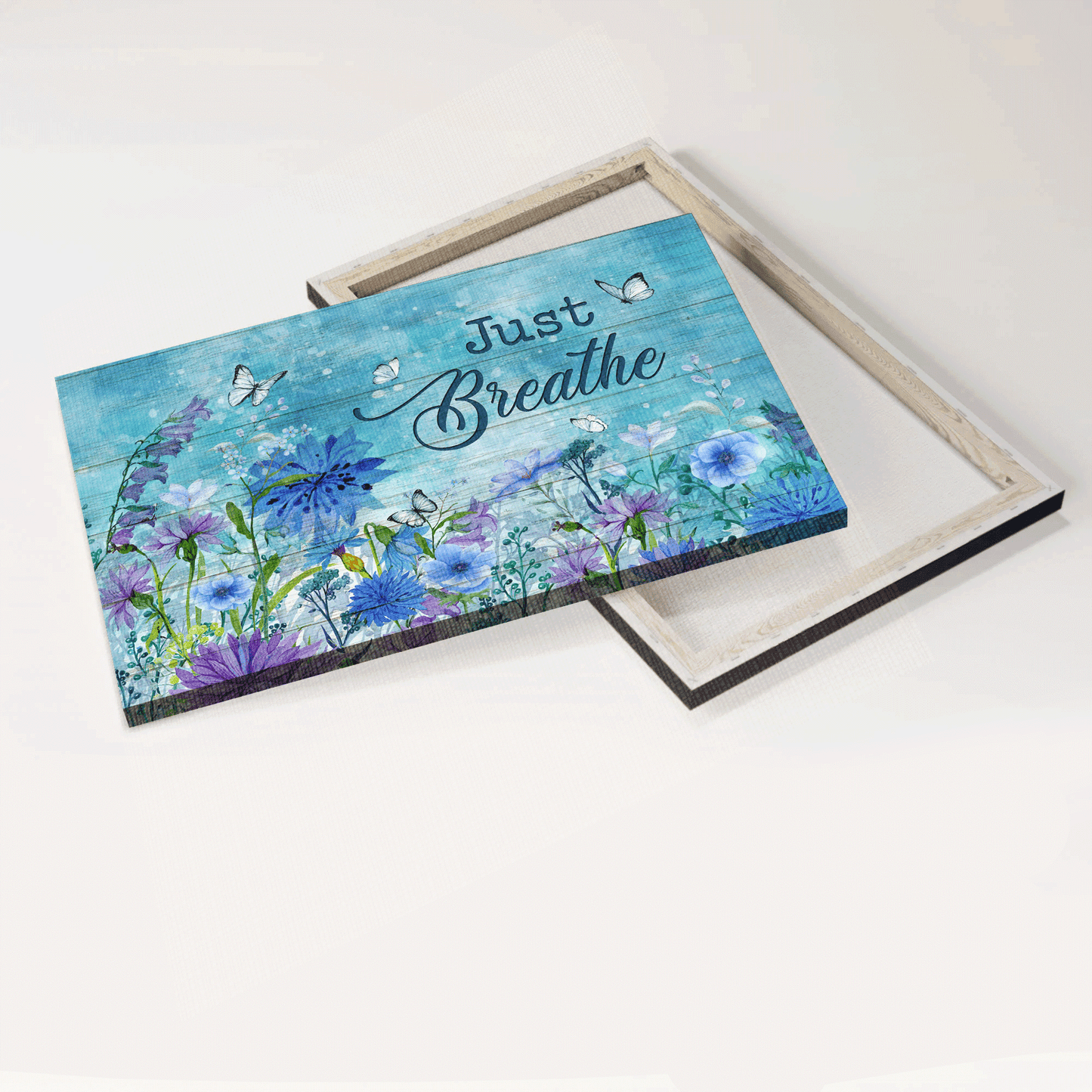 Jesus Landscape Canvas - Blue flower garden, Pretty butterfly, Spring painting Landscape Canvas - Gift For Christian - Just breathe Landscape Canvas