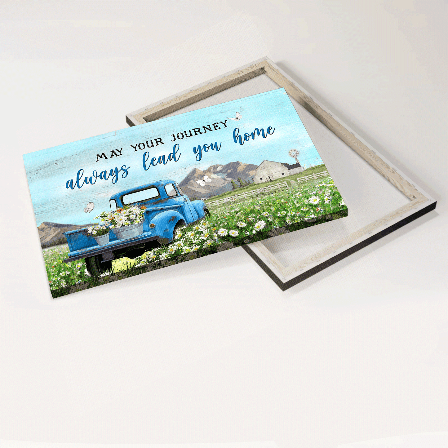 Jesus Landscape Canvas- Blue ladybug car, Daisy field, Beautiful sky canvas- Gift for Christian- May your journey always lead you home - Landscape Canvas Prints, Christian Wall Art