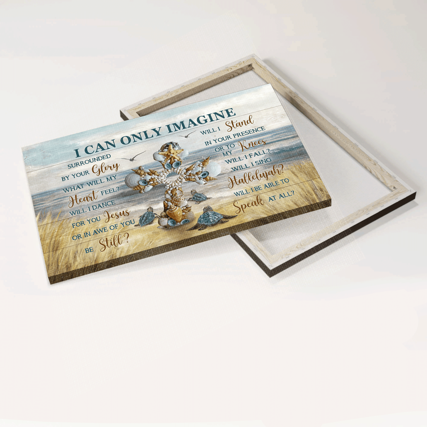 Jesus Landscape Canvas - Beautiful cross, Sea turtle, Seagull, Beach painting Landscape Canvas - Gift For Christian - I can only imagine