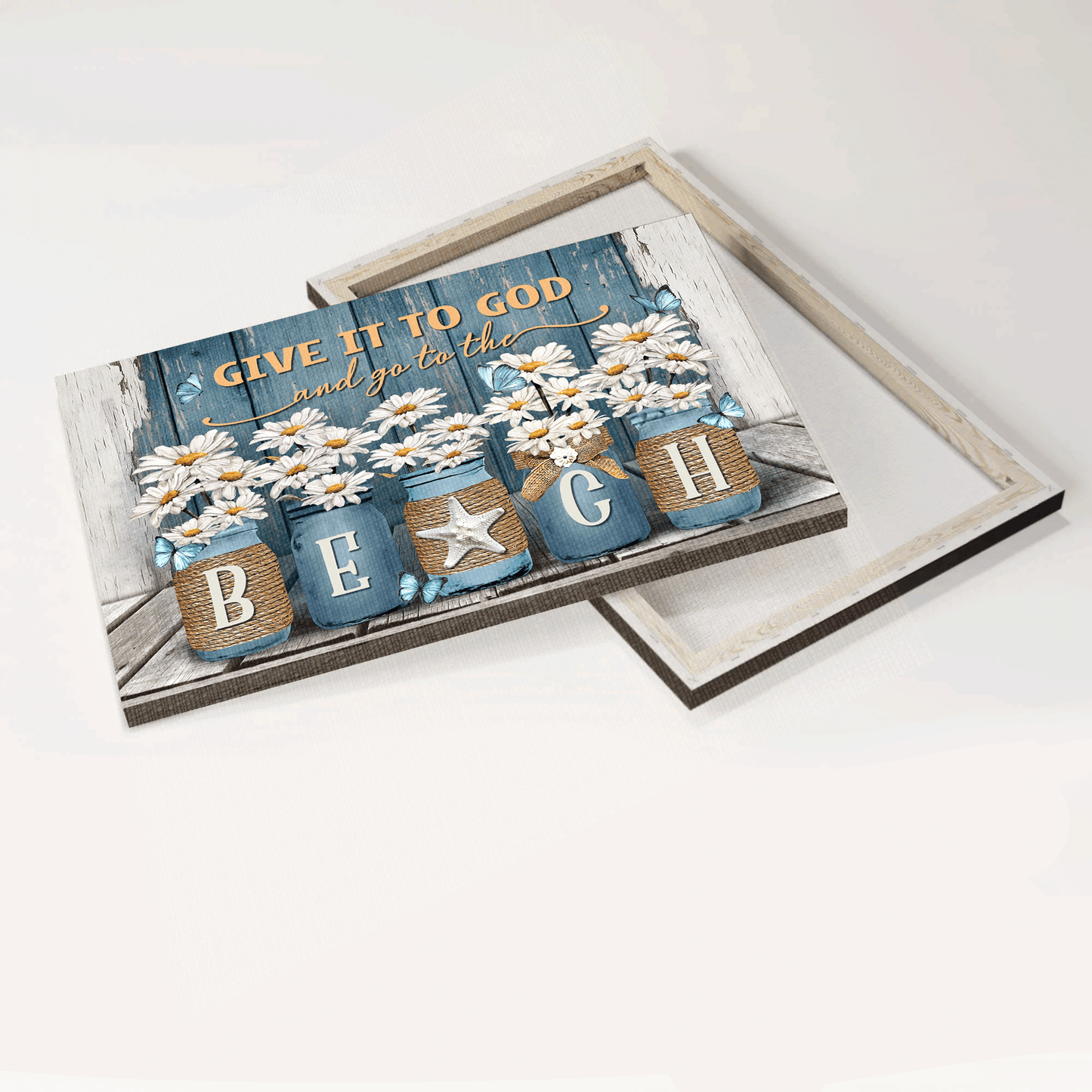 Jesus Landscape Canvas- Daisy painting, Blue butterfly canvas- Gift for Christian- Give it to God and go to the beach