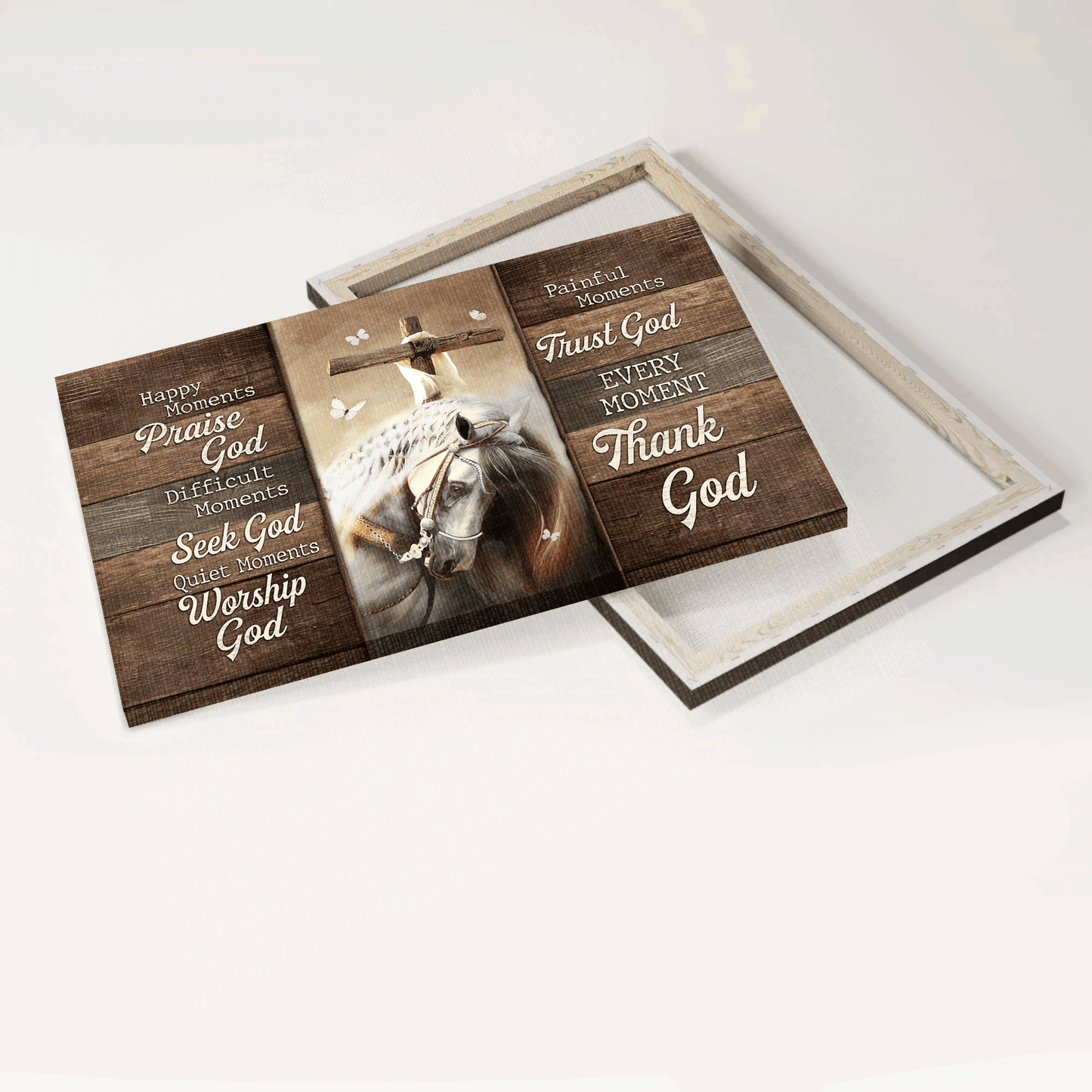 Jesus Landscape Canvas- Awesome Horse Painting, Lovely White Butterfly, Wooden Cross Canvas- Gift For Christian- Every Moment Thank God