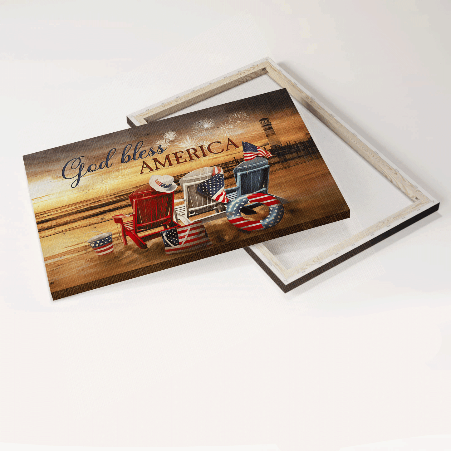 Jesus Landscape Canvas- Beach Chairs, American Flag, Firework, Sunset Beach Painting Canvas- Gift For Christian- God Bless America