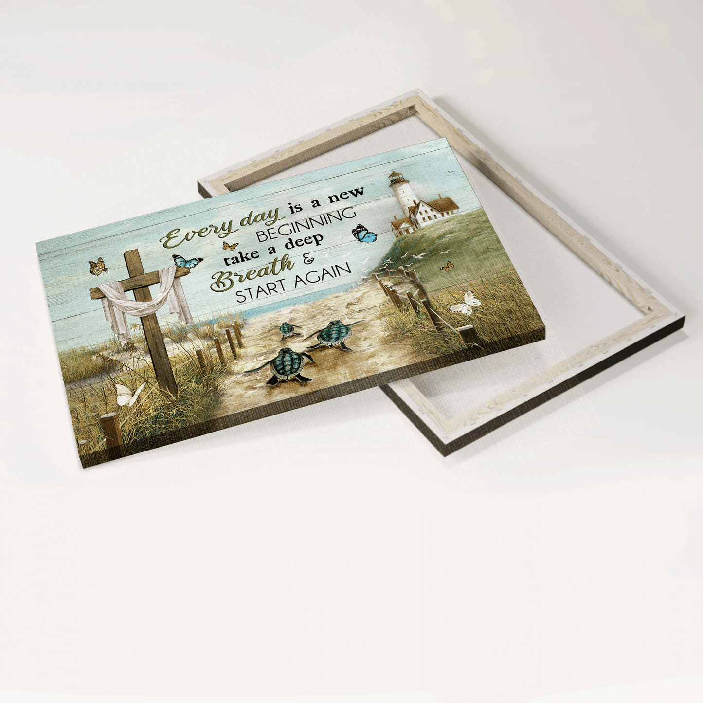 Jesus Landscape Canvas- Beach Sand, Sea Turtle, Lighthouse, Cross Symbol, Colorful Butterfly Canvas- Gift For Christian- Everyday Is A New Beginning