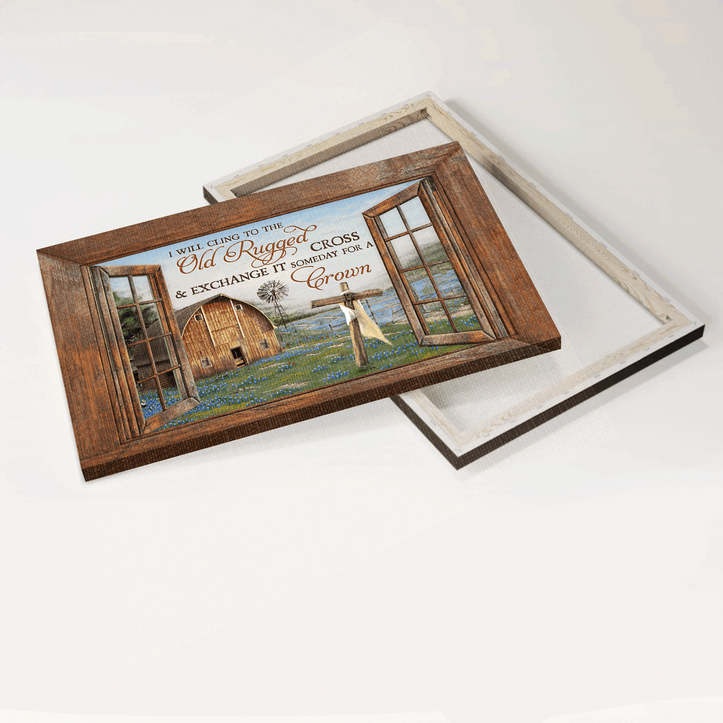 Jesus Landscape Canvas - Blue flower, Wooden window, Vintage house Landscape Canvas - Gift For Christian - I will cling to the old rugged cross Landscape Canvas