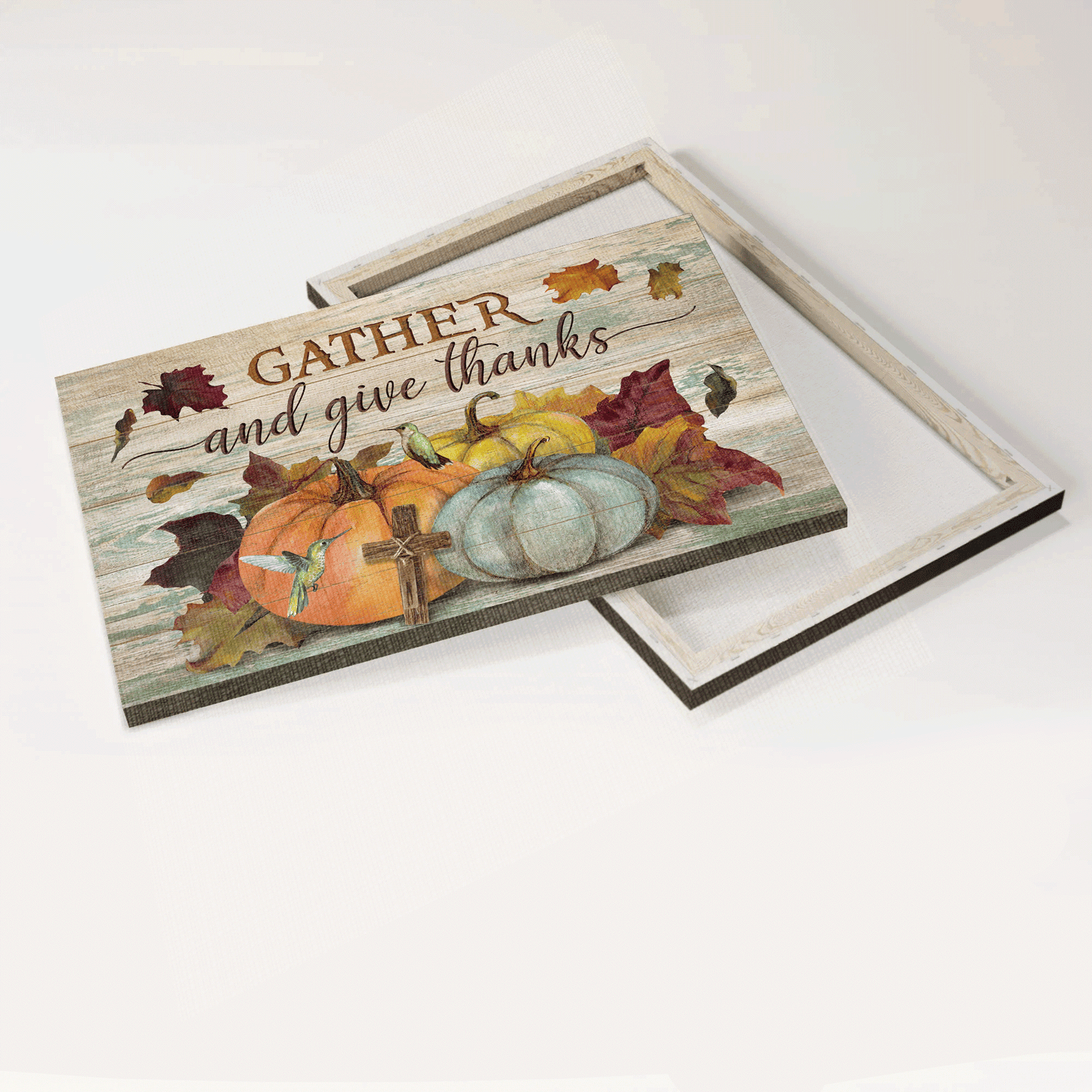 Jesus Landscape Canvas- Autumn Season, Colorful Pumpkin, Watercolor Hummingbird, Wooden Cross Canvas- Gift For Christian-  Gather And Give Thanks