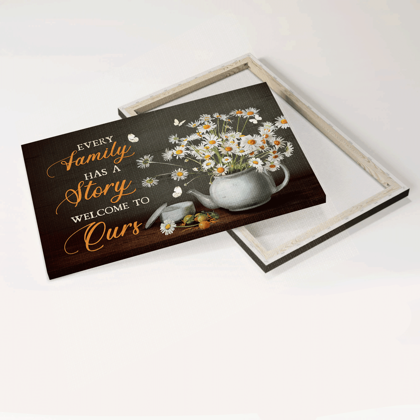 Jesus Landscape Canvas- Beautiful daisy, Tea pot, White butterfly canvas- Gift for Christian- Every family has a story welcome to ours