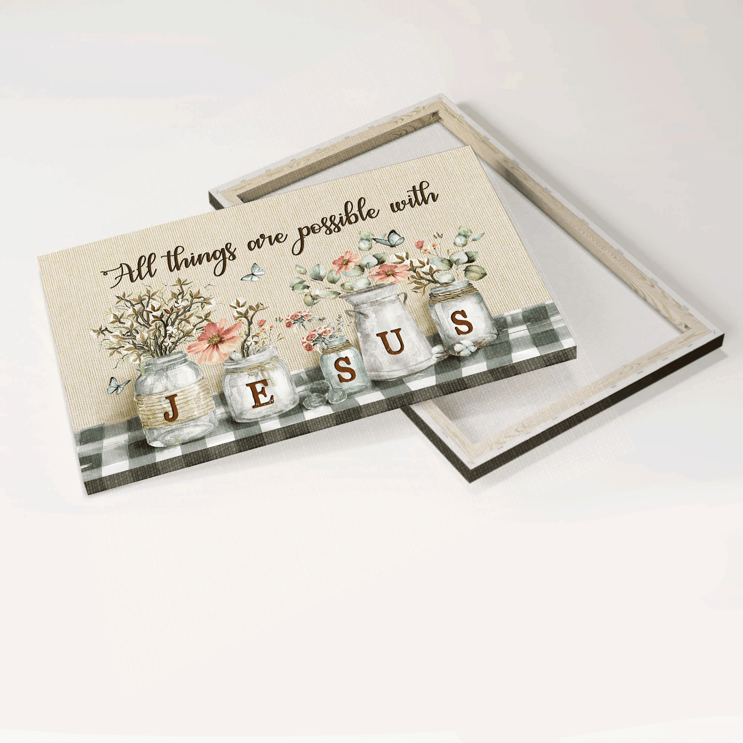 Jesus Landscape Canvas - Pretty cotton flower jar, Lovely blue butterfly Canvas - Gift for Christian - All things are possible with Jesus Landscape Canvas Prints, Christian Wall Art