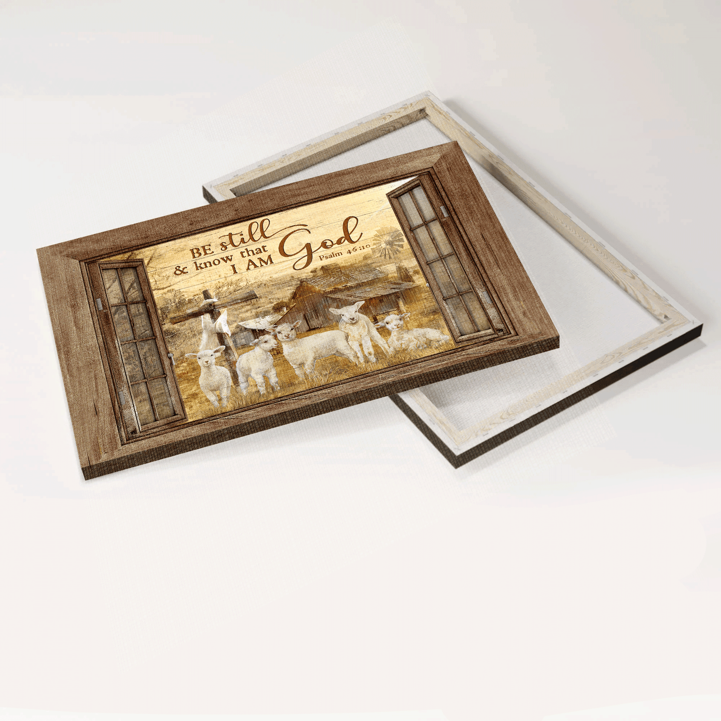 Jesus Landscape Canvas - Window Frame, The Lambs Of God, Old Barn Painting Canvas - Gift For Christian - Be Still & Know That I Am God Canvas