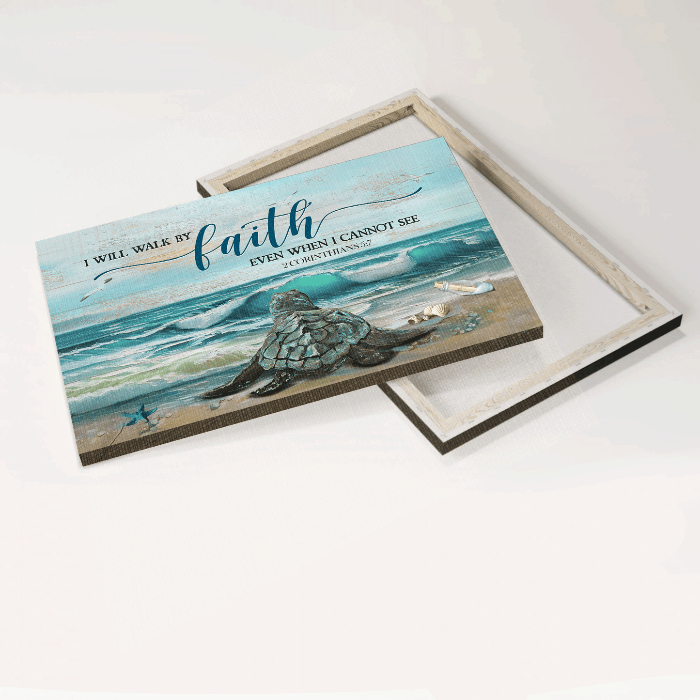 Jesus Landscape Canvas - Big sea turtle, Blue ocean drawing, Seagull Landscape Canvas - Gift For Christian - I will walk by faith even when I cannot see